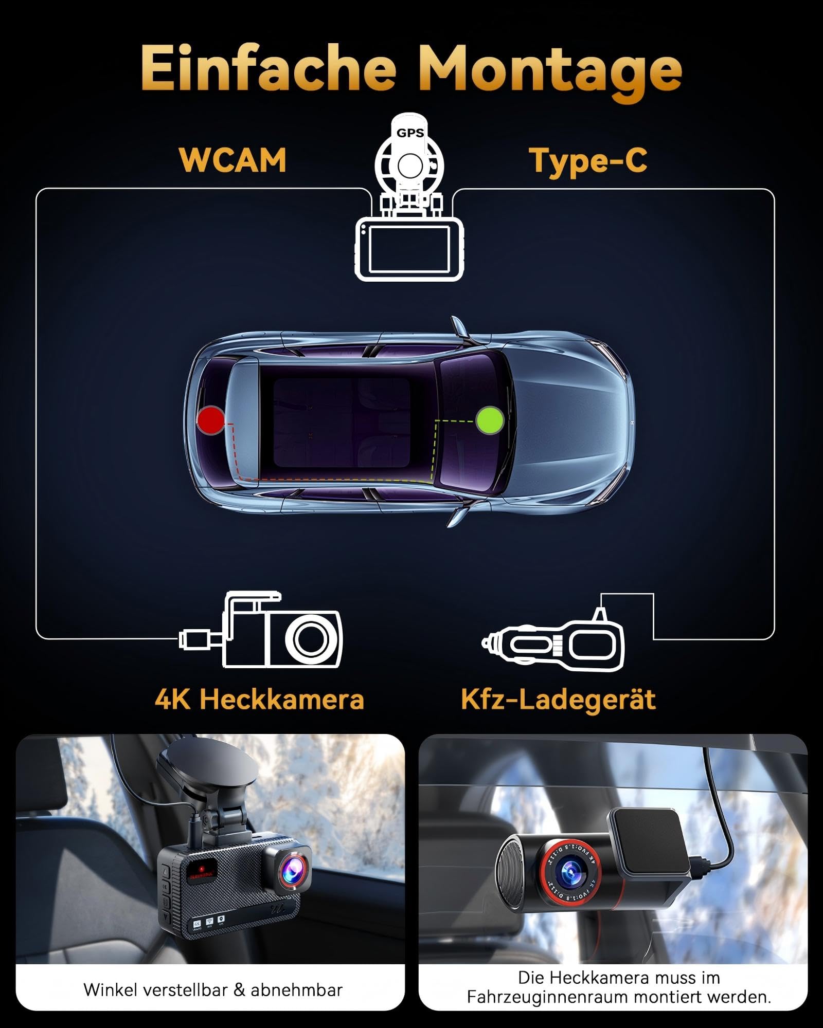 Dashcam per auto 4K + 4K, dash cam anteriore posteriore con | scheda da 128 GB, GPS, WiFi 5,8 GHz, IPS da 3", monitoraggio del parcheggio, registrazione in loop, visione notturna