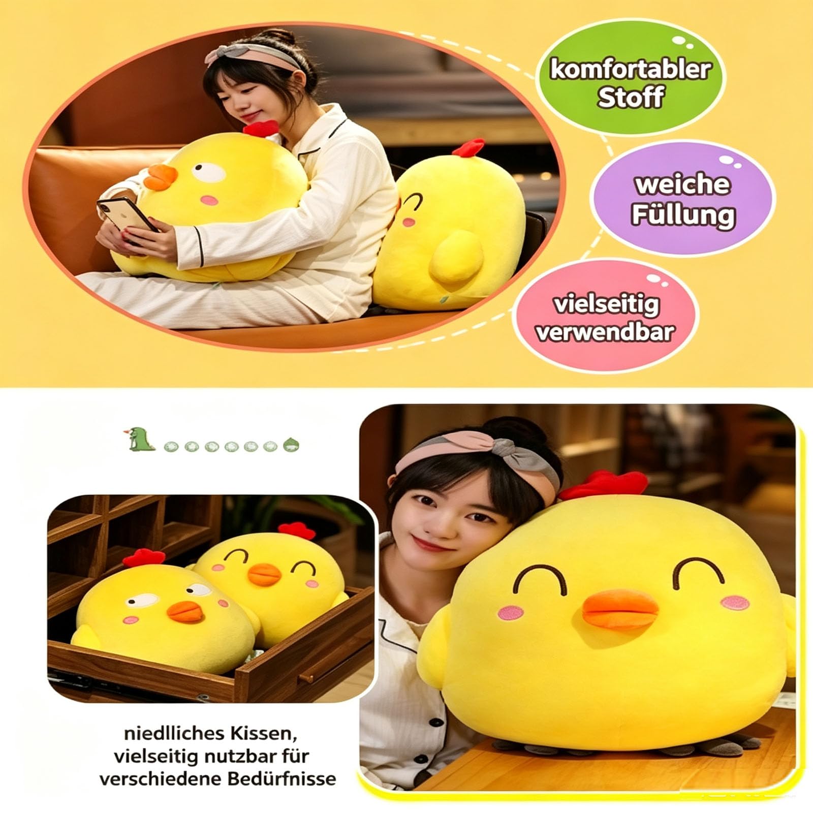 Huhn Kuscheltier, Lustiges Fettes Huhn Plüschkissen, Gelbes Huhn gefülltes Tier Plüsch Spielzeug, Super weiche Simulation Mutter Hen Puppe für Jungen Mädchen Festival Geschenke (45 * 60cm,B)