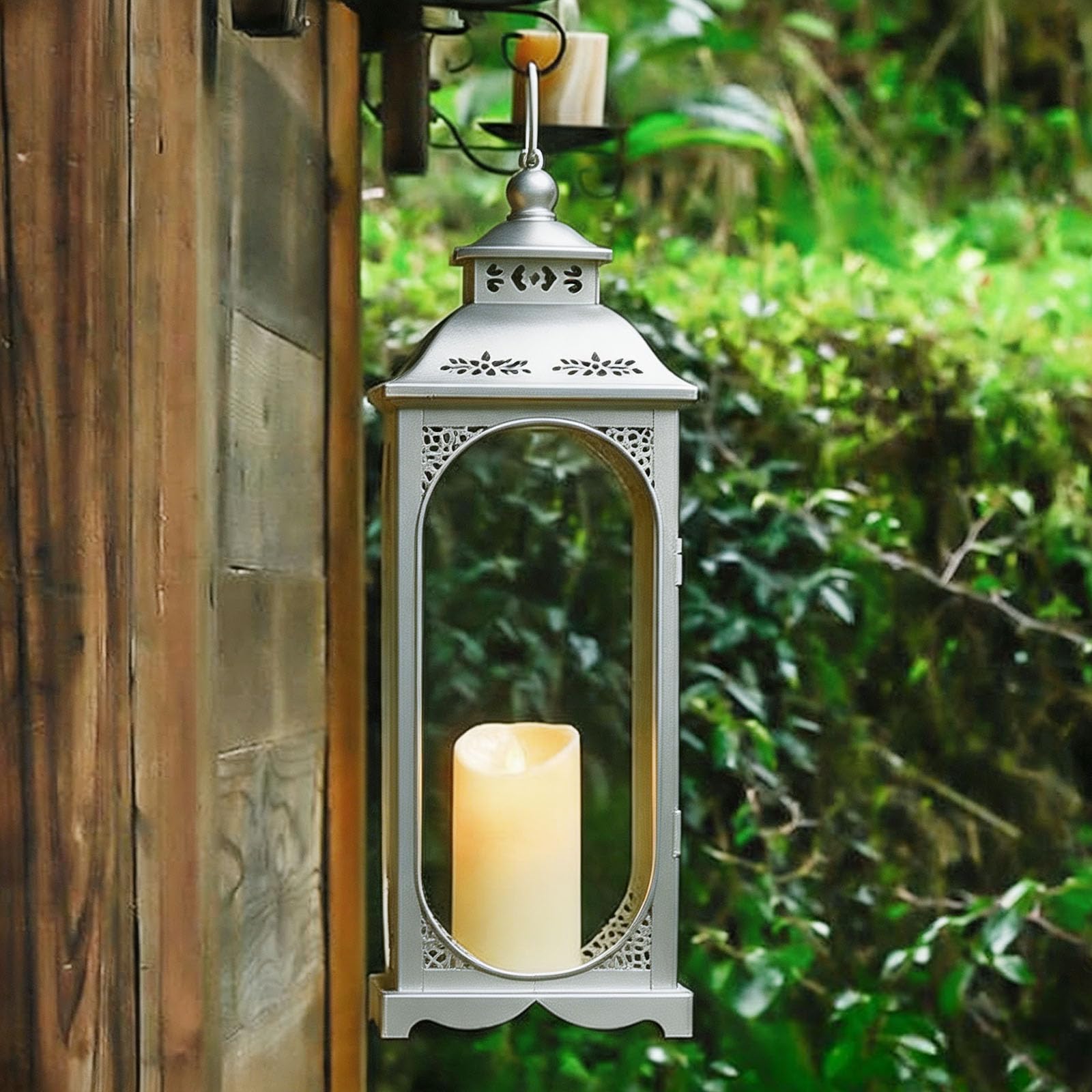 Lanterna argentata per candele, decorativa, 34 cm, in metallo, per esterni