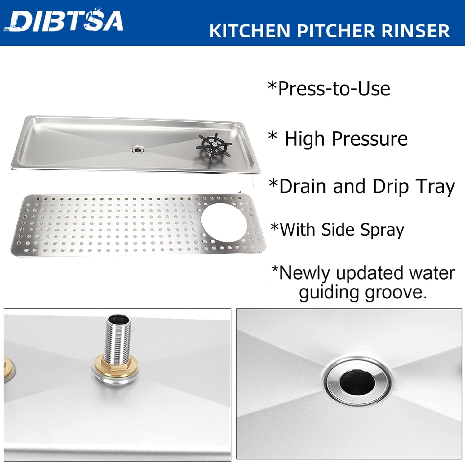 DIBTSA Pitcher Rinser Countertop Sink with Side Spray,Drain and Drip Tray,Stainless Steel Glass Rinser Washer Cleaning Tool for Household Commercial,Extra Large Silver 25.59 x 8.5 x 0.86 inches