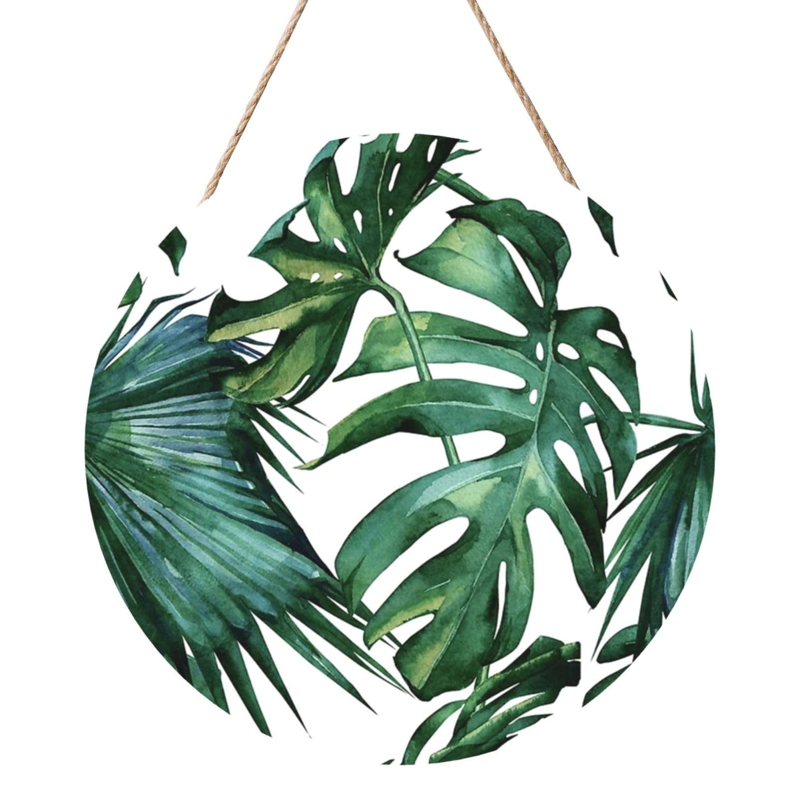 InOmak Flourishing Palm Leaves, Round Wood Panel Painting 12 in, Wall Hanging Painting For Home