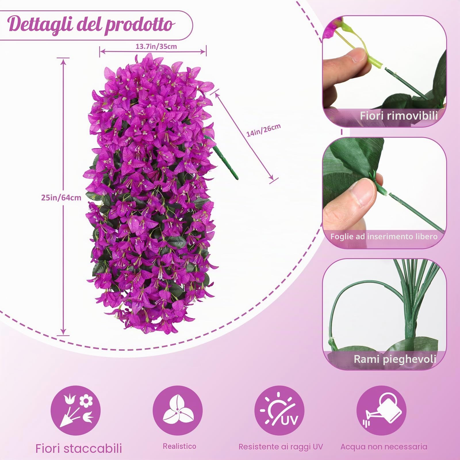 2 Pezzi Fiori Artificiali da Appendere Fiori Finti Pianta Artificiale da Esterno Bouganvillea Fiori Artificiali Resistente ai Raggi UV Fiori Finti per Decorazioni Giardino Balcone, Viola