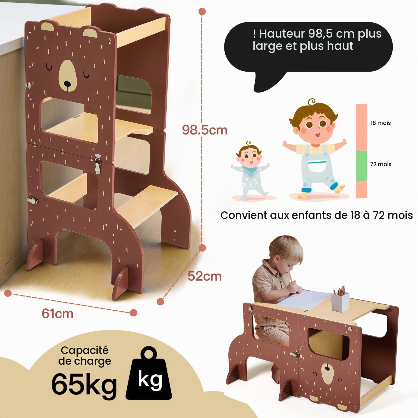 Labebe Tour d Observation Enfant, Grande Taille Tour d'observation Montessori 1-3 Ans,Tour Montessori multifonctionnelle 3 en 1 - l'ours Brun