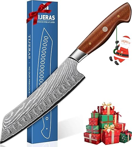 TIJERAS Cuchillo de chef japonés, cuchillo de cocina Santoku de Damasco, 7 pulgadas, Damasco de 67 capas, cuchillos de chef profesionales afilados