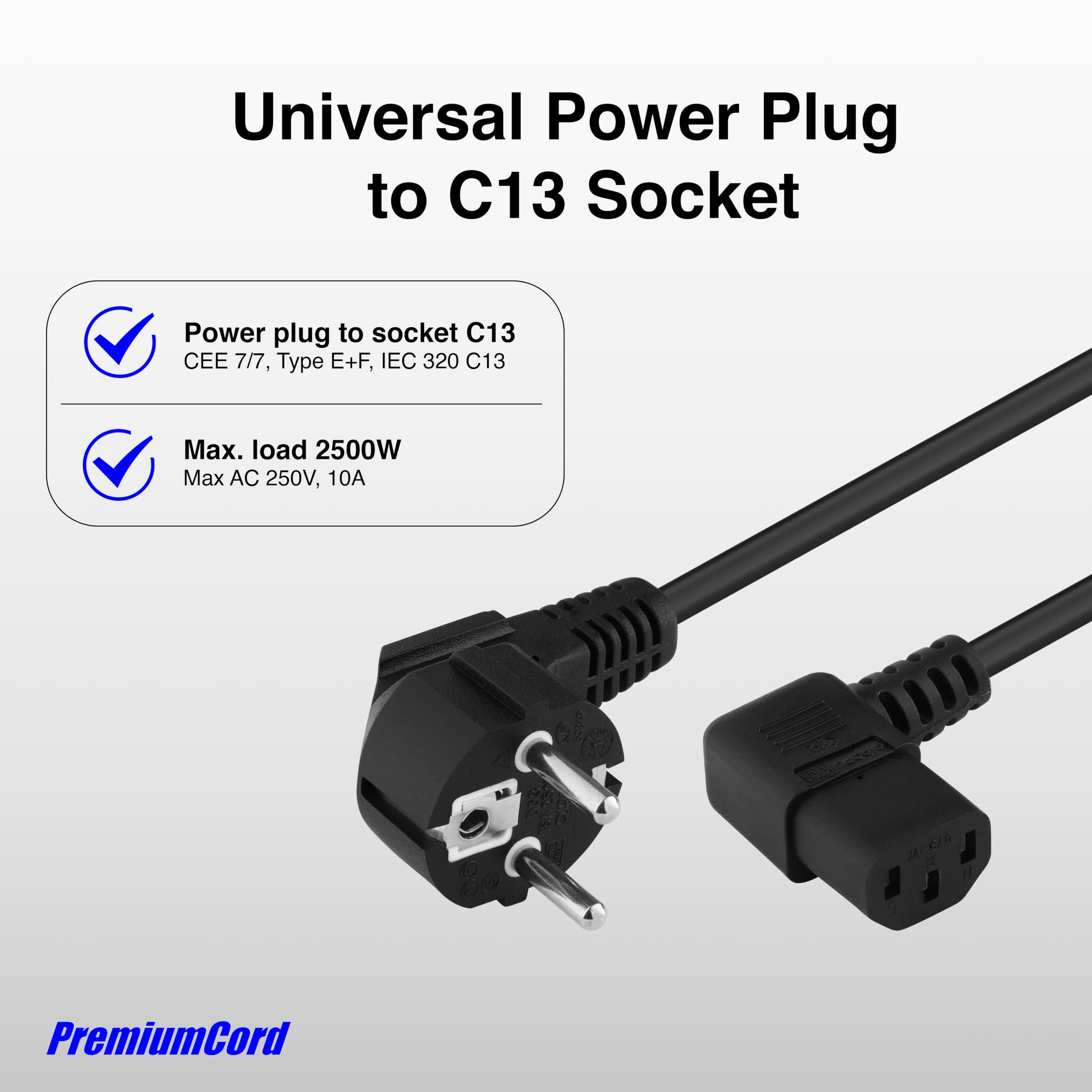 PremiumCord Câble d'Alimentation de 230V 5m, Câble d'Alimentation Avec Contact de Mise à la Terre à Angle Par Papport à la Prise C13, IEC de Fourniture PC à 3 Broches C13, Couleur Noire