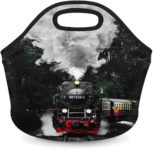 Bolsa de almuerzo de neopreno con estampado de tren de vapor, suave, lavable, reutilizable, aislada, ligera, para preparación de comidas, para