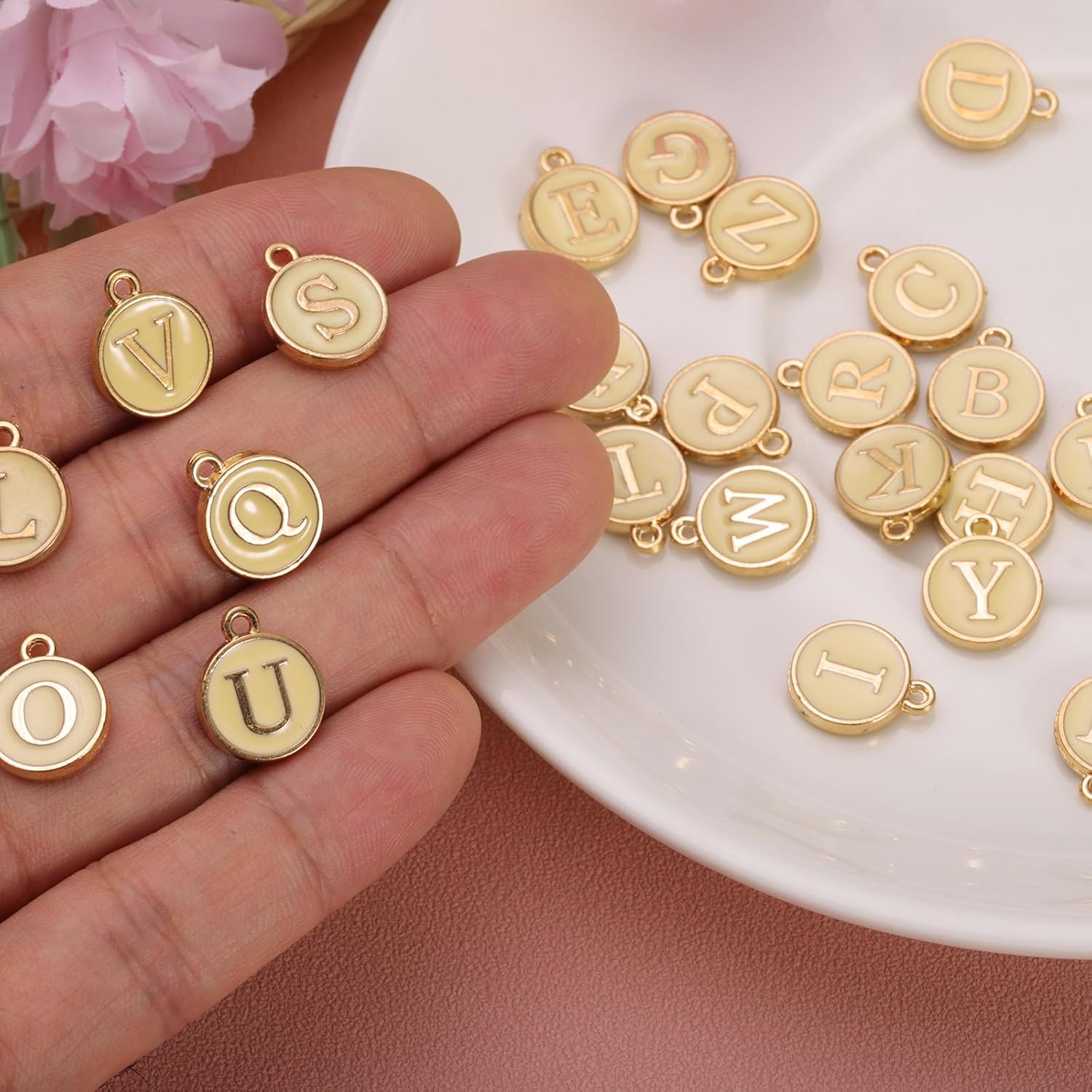 uxcell 52pcs Letter Charm, Enamel Letter Pendants, Alphabet P Pendants Double Sided Beads Charm for DIY Bracelet Necklace Pendants Earring Jewelry, Champagne Gold - Image 5