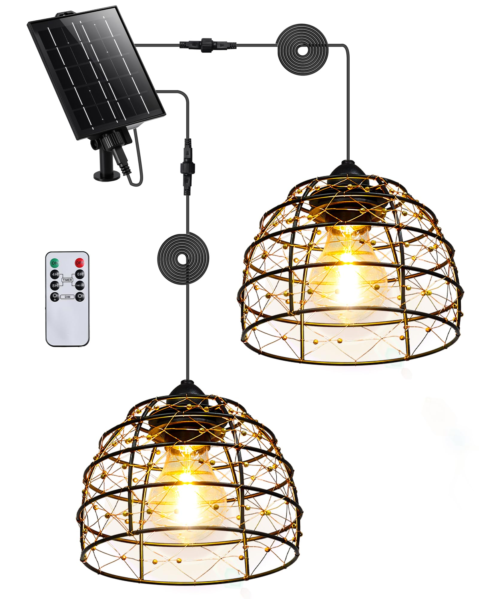 FabStyl Solar Hängeleuchte für Außen Innen, 1 Solarpanel versorgt 2 Boho Solarlampen mit Fernbedienung Helligkeit einstellbar, Timer IP65 wasserdicht für Garten Terrasse Pavillon Garage Balkon