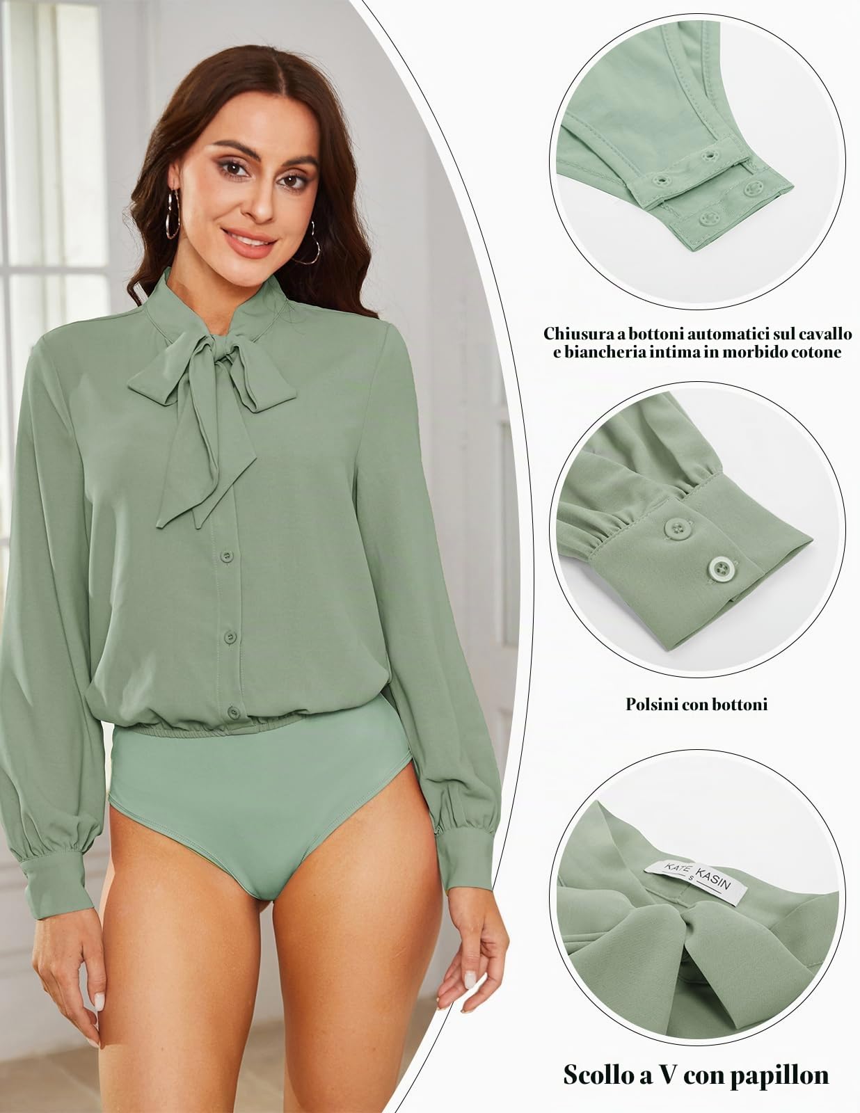 Kate Kasin Elegante Body da Donna Camicetta Decorazione con Fiocco Body A Maniche Lunghe Camicia da Lavoro per Ufficio Top Casual Verde Chiaro XL