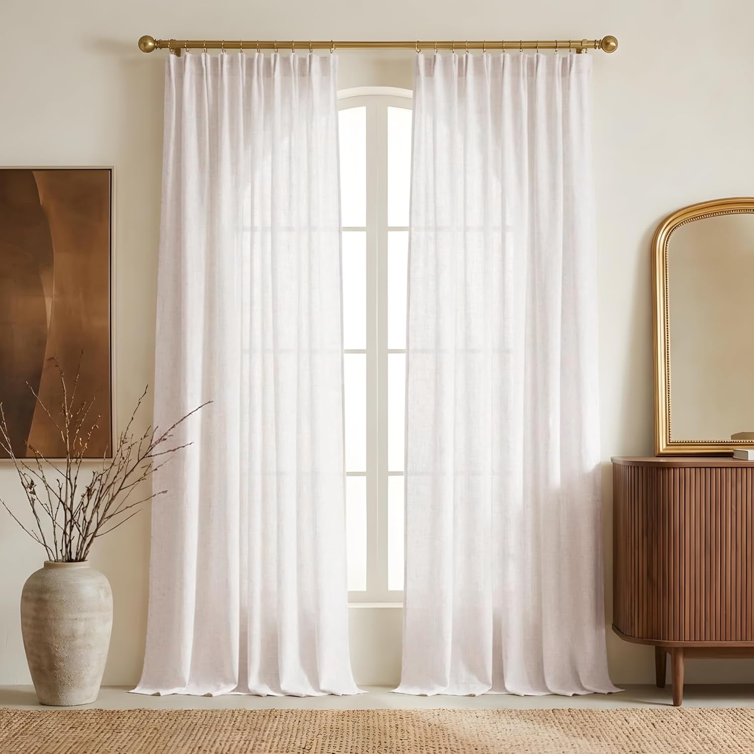 NICETOWN 230GSM Linen Blend Semi Sheer Curtains 96 inches Long, Back Tab & Rod Pocket with Pleat Tab Privacy Farmhouse Window Treatments Light Filtering for Living Room, W52 x L96, 2 Panels