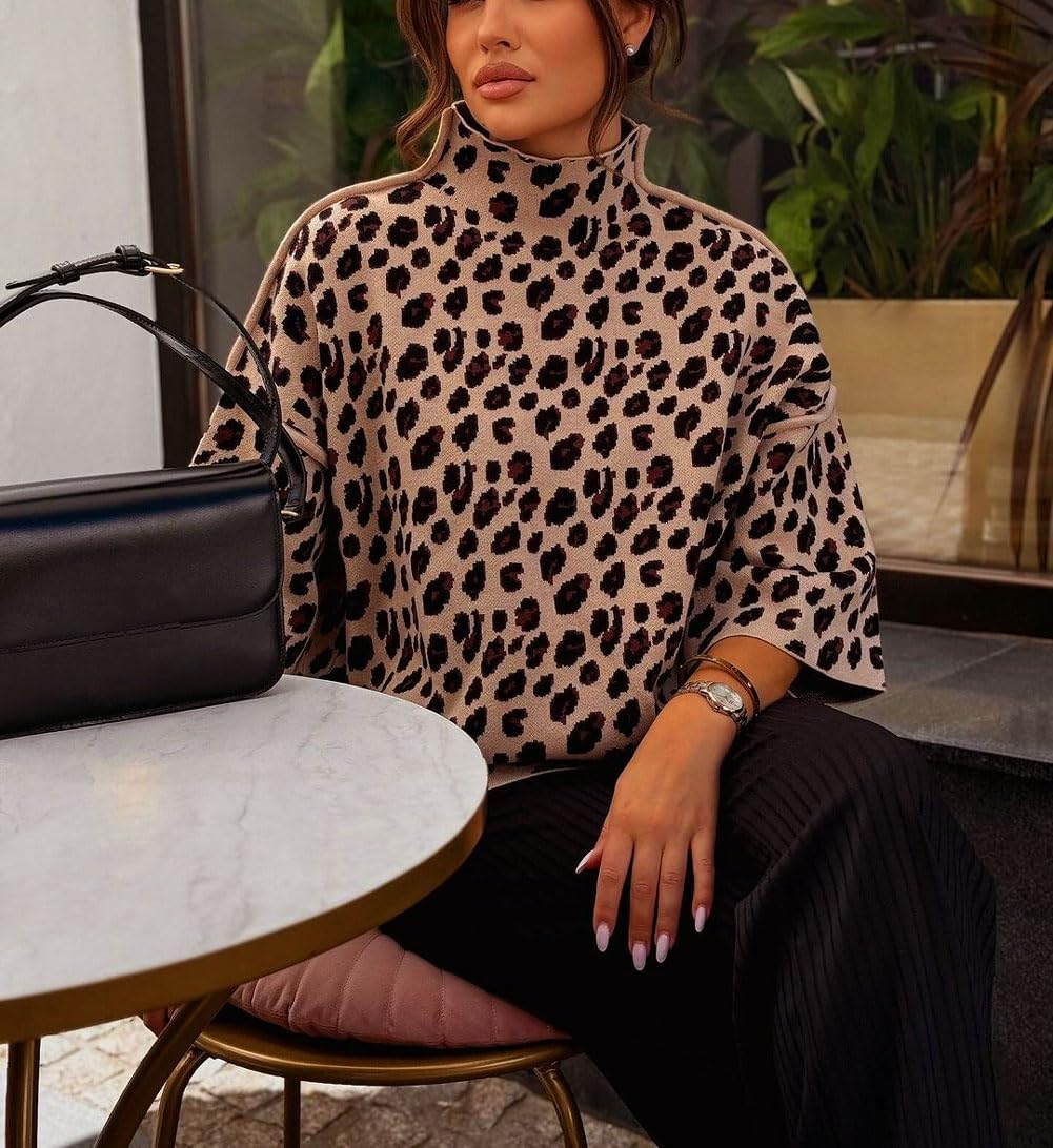 utcoco Women's Leopard Print Sweater Mock Neck 3/4 Bell Sleeve Pullover Loose Fall Winter Knit Top