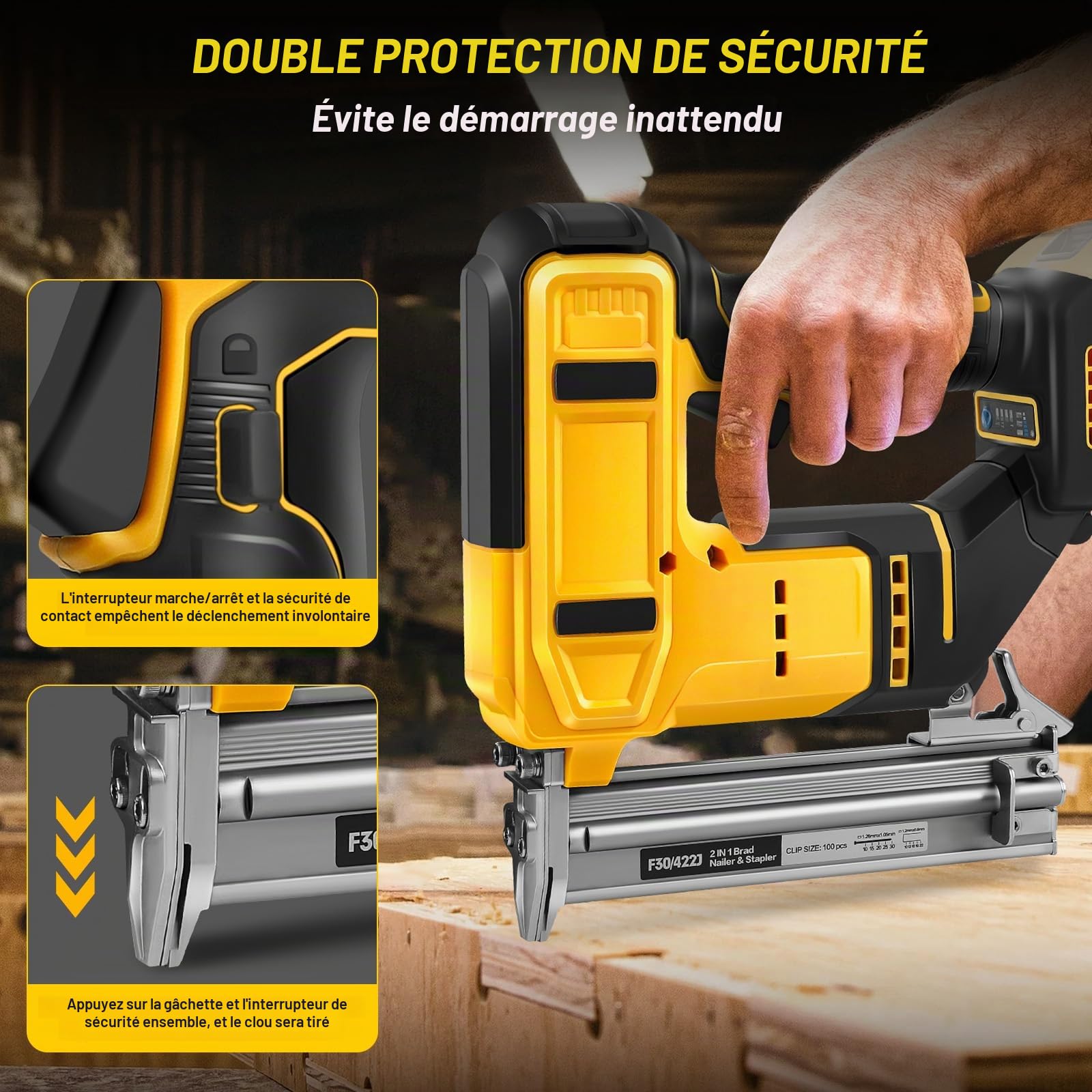 Cloueuse brad sans fil pour Dewalt 20V (sans batterie) | Agrafeuse électrique, 18GA, sans balais, 500 clous, 500 agrafes, 2 modes, pistolet à clouer sans fil, pour tissus, bois