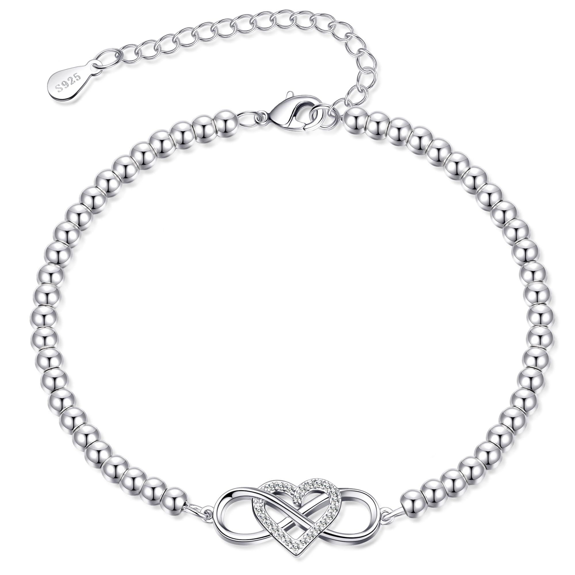 Silver Bracelet for Women,925 Infinity Bracelets with Cubic Zirconia Hypoallergenic Adjustable Sterling Silver Plated Bracelet,Sterling Silvery Beaded Bracelets with Cards for Women