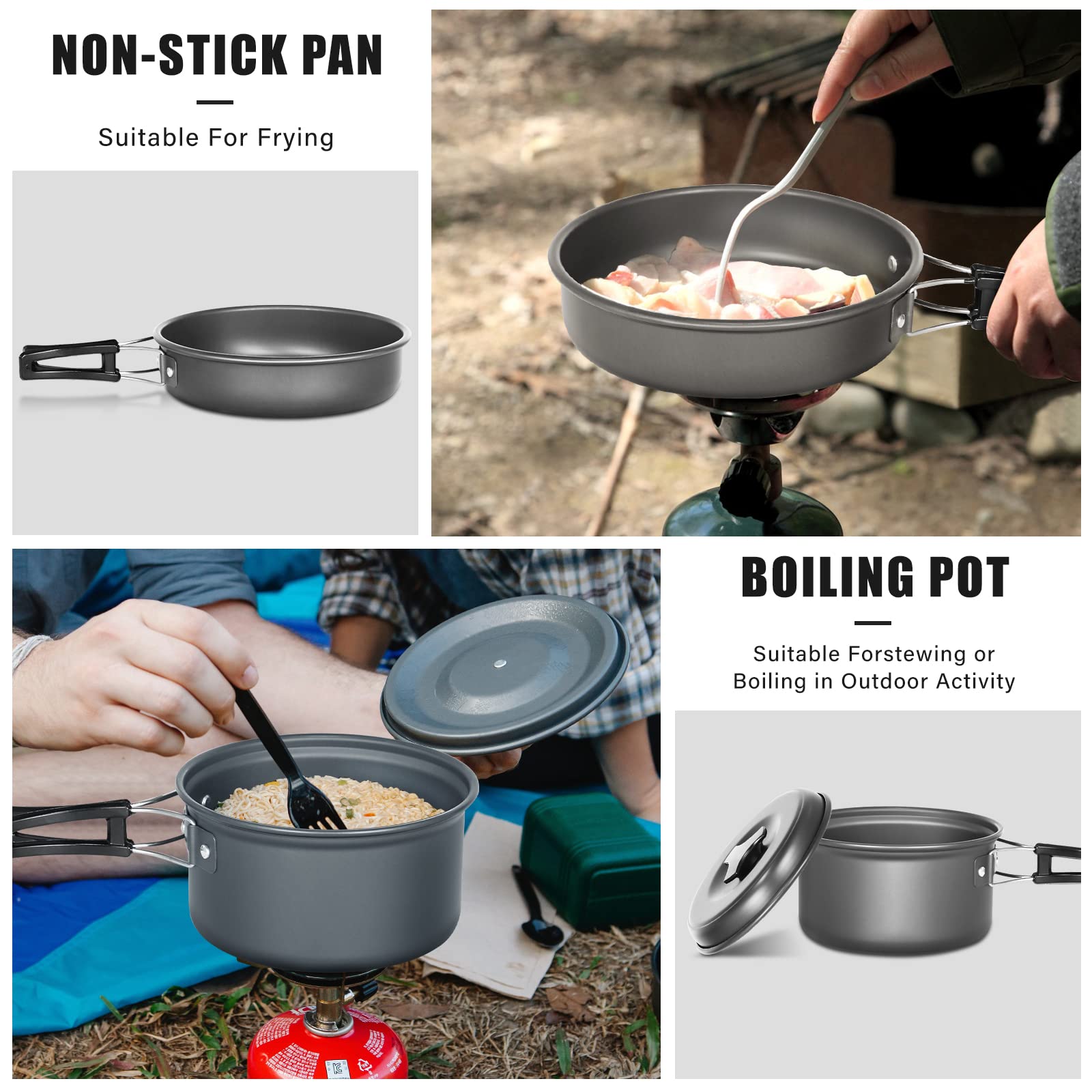 Lixada Lot de 10 ustensiles de cuisine de camping antiadhésifs légers empilables avec sac de rangement, ustensiles de cuisine d'extérieur portables pour randonnée, pique-nique