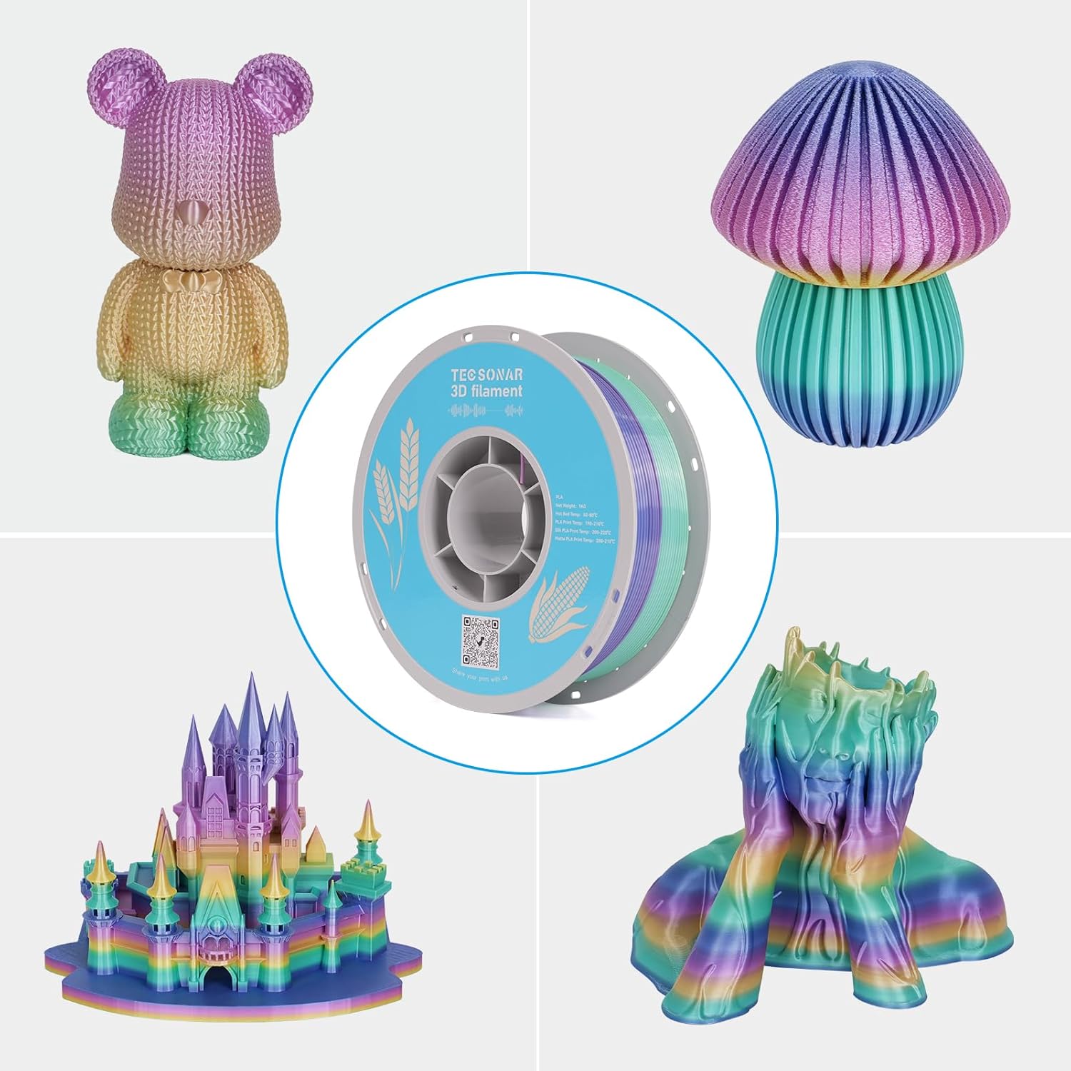 Silk Rainbow PLA 3D Printer Filament Bulk,10Rolls,1KG Spool(2.2lbs) 1.75mm, Multicolor Gradient Filament for Most FDM 3D Printers,10 Different Silk Rainbow Colors