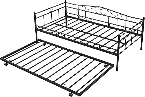 Miniatura 6 de Sofá cama de marco metálico de tamaño individual con ruedas extraíbles, soporte de sofá cama de listones de acero resistente para invitados, sofá