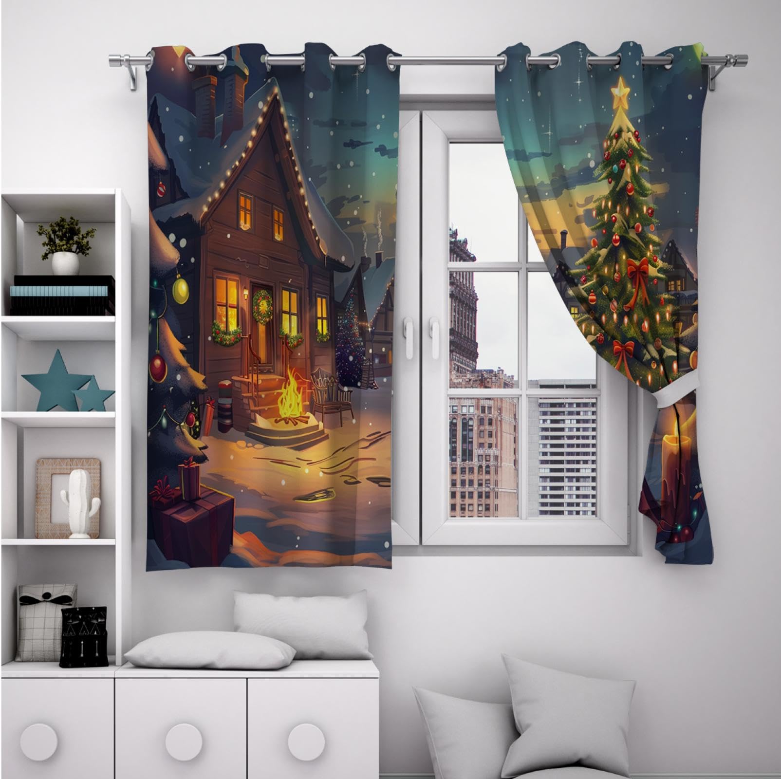 HOBBOY Christmas Theme Curtains Xmas Night Scenery Snow Pine Tree Print Window Drapes Farmhouse Blackout Curtains for Bedroom Living Room 2 Panels 2X W38xL63in