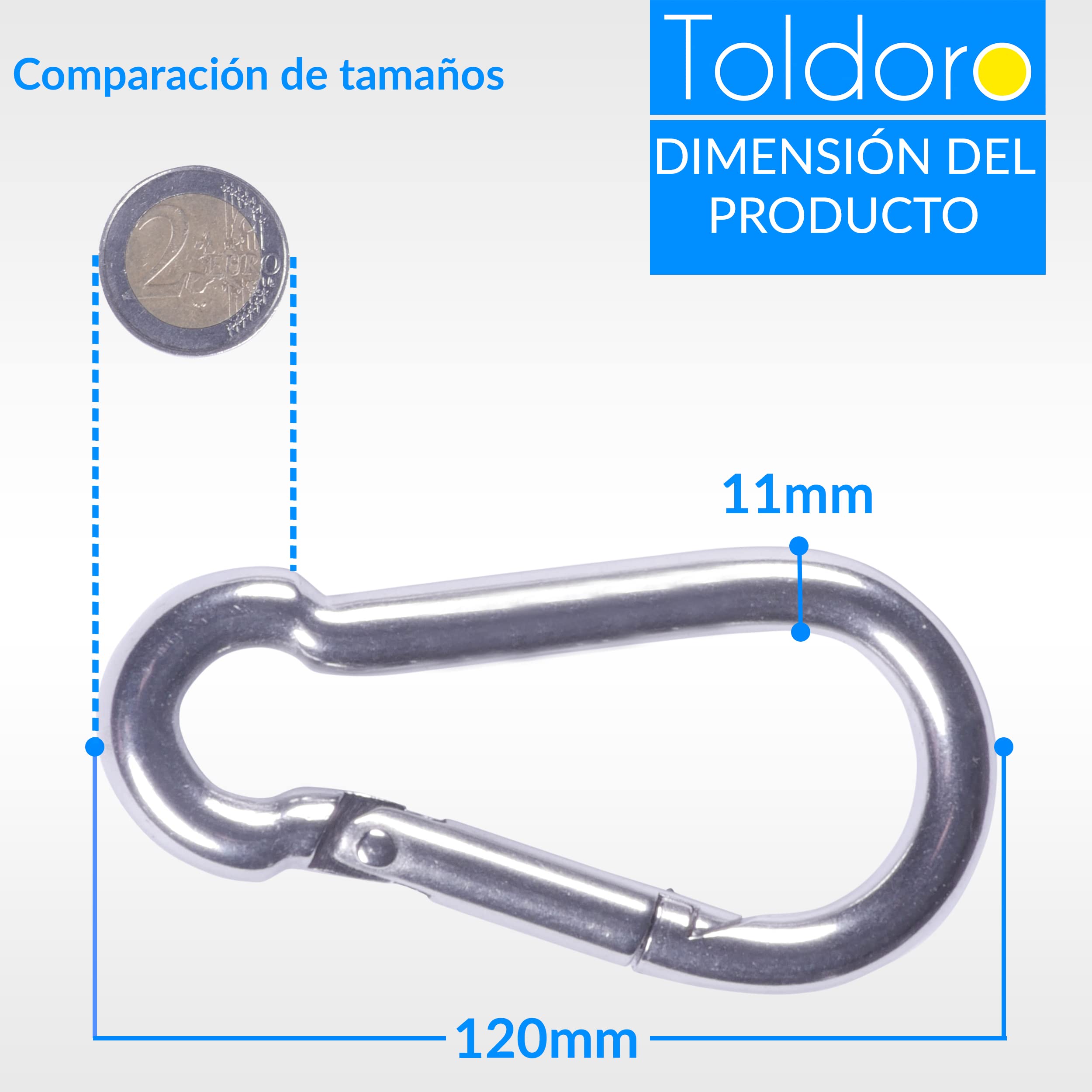 Toldoro 10 Piezas de mosquetones 11x120mm de Acero Inoxidable Niro AISI 316 V4A - Diferentes tamaños y cantidades Disponibles - mosquetón de Bomberos mosquetón sin dedal