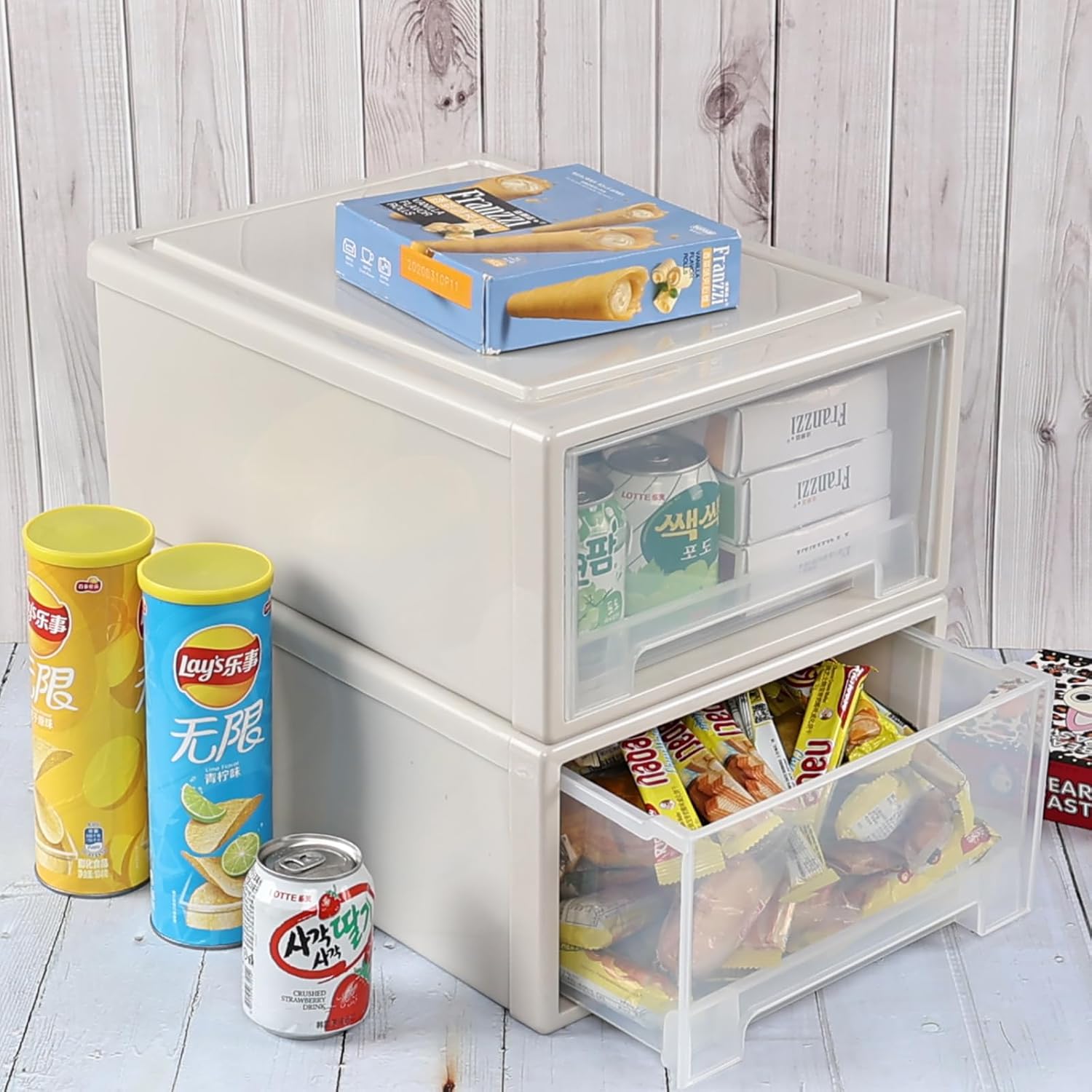 17.8 Quart Desktop Stackable Storage Drawers, 2 Pack Plastic Drawer Boxes, Beige