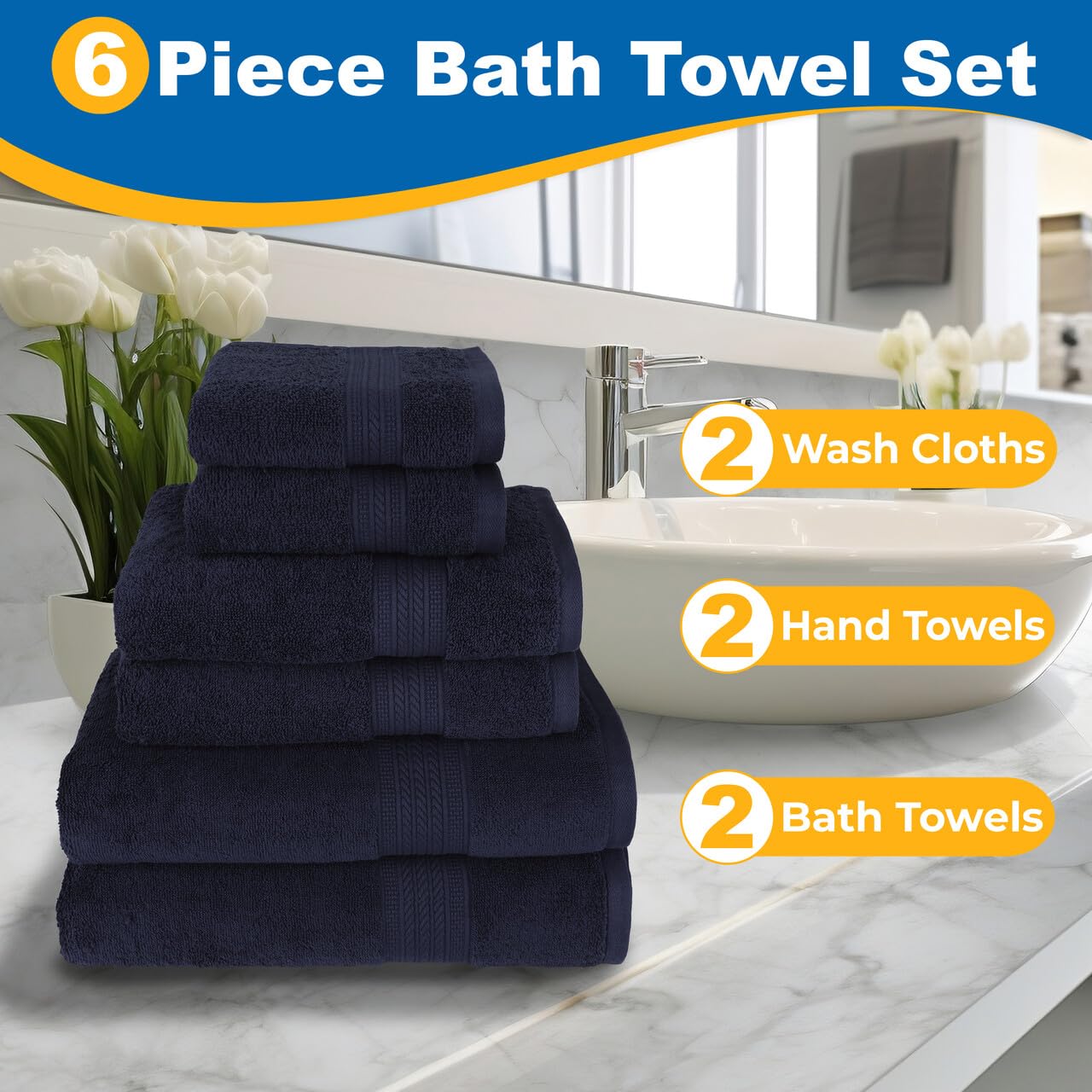 Kaufman Toallas de lujo 100% algodón, juego de 6 toallas de baño, 2 toallas de baño, 2 toallas de mano, 2 paños de baño, juego de toallas de baño suaves y absorbentes para baño