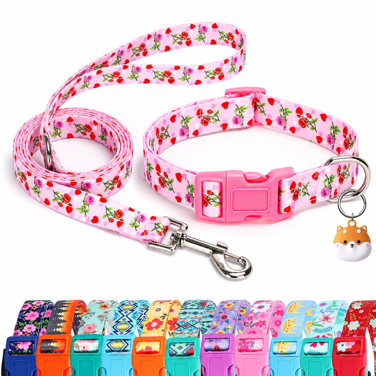 Floral Dog Collar and Leash Set with AirTag Holder, Anti-Lost Adjustable Durable Pet Collar Leash Combo for X-Small Small Medium Large Dogs, Ideal for Outdoor Walking Hiking Training-Valentine's/L