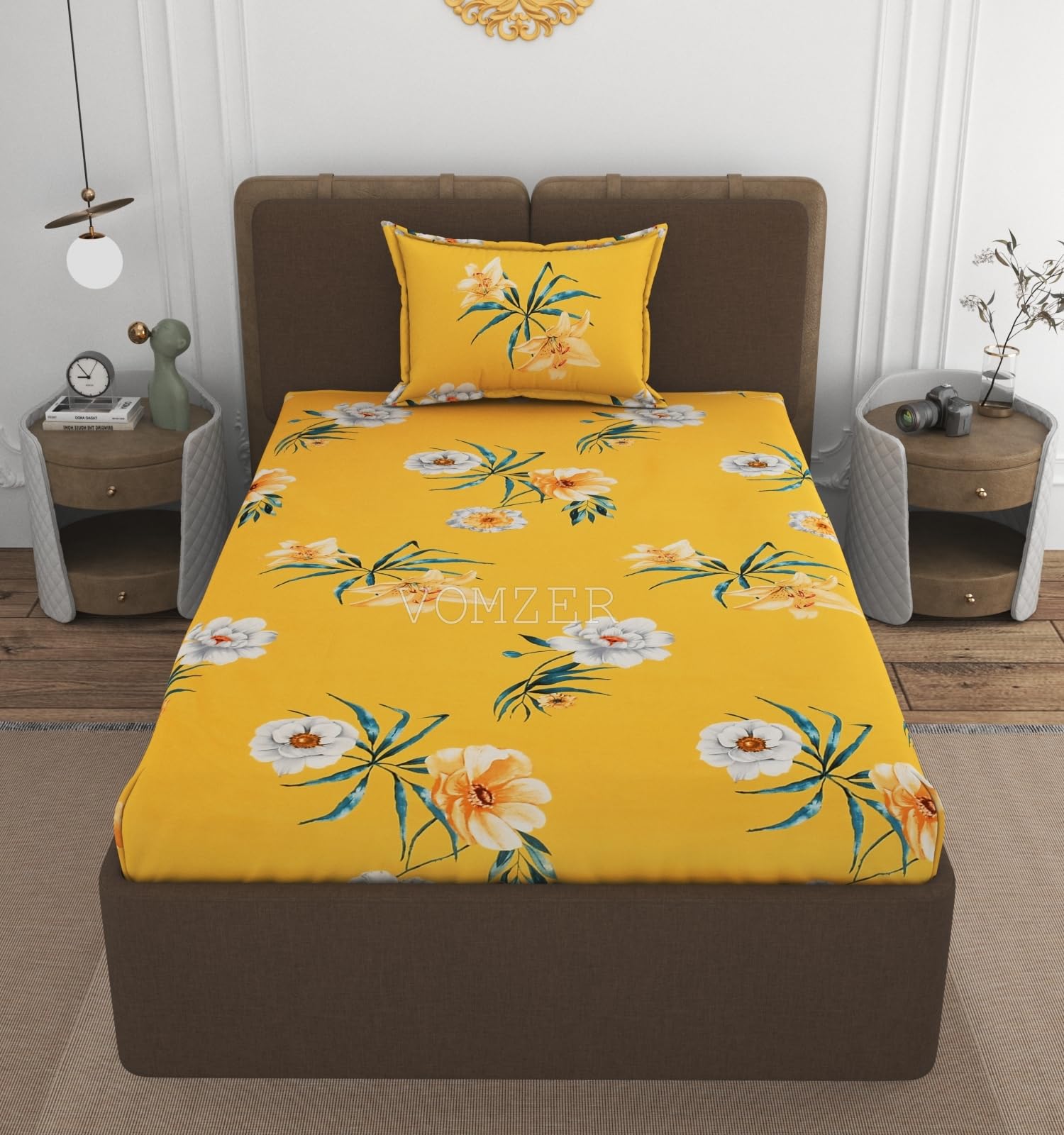 VOMZER 300 Tc Elastic Fitted Bedsheets Single Bed With 1 Pillow Cover | Single Bed With All Around Elastic, Size 36 X 72 X 10 Inches (Yellow Flower), Queen