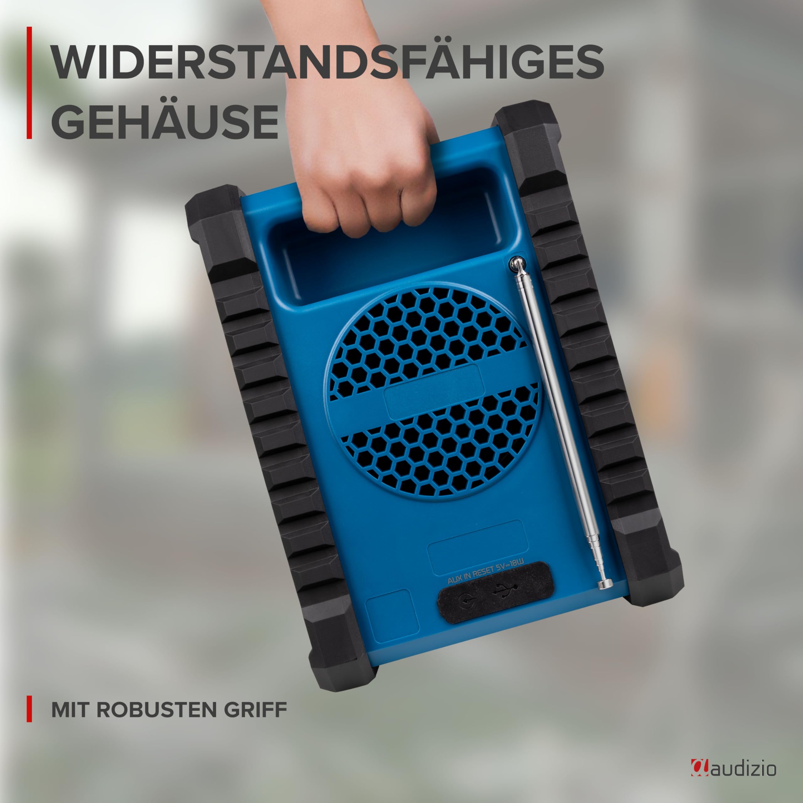 Audizio Jobsite - Baustellenradio DAB Plus Radio mit Bluetooth 5.0, Akku 8h, 100 Watt Leistung, IP54 Wasserdicht, FM, Tragegriff, DAB+, Werkstattradio mit AUX & USB, Outdoor Radio