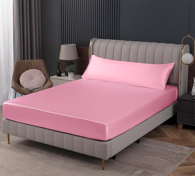 Homiest Pink Satin Fitted Sheet Queen Size Fitted Bed Sheet, Deep Pocket Fitted Sheet Only, Luxury & Ultra Soft Bedding Fitted Sheet Single Bottom Bed Sheets Sold Separately