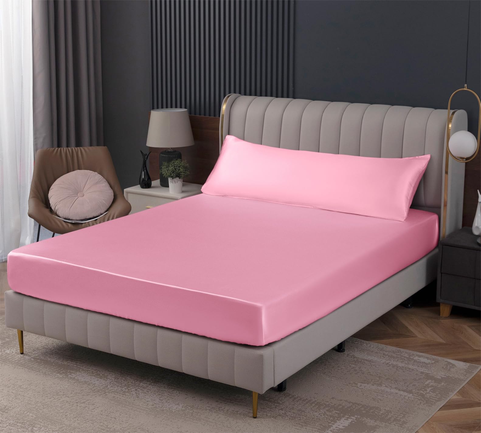 Homiest Pink Satin Fitted Sheet Queen Size, Deep Pocket, Luxury & Ultra Soft Bedding