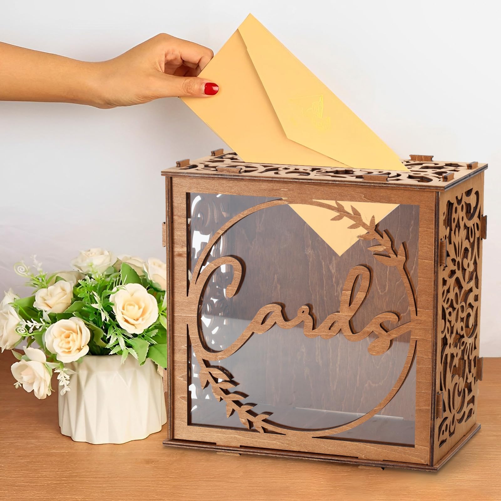 Ghshanog Brown Wedding Card Box With Acrylic Window,Wooden Envelope Card Box,25X15x25cm Post Boxes,Rustic Gift Cards Boxes For Reception Party Bridal Graduation Baby Shower Birthday Decor