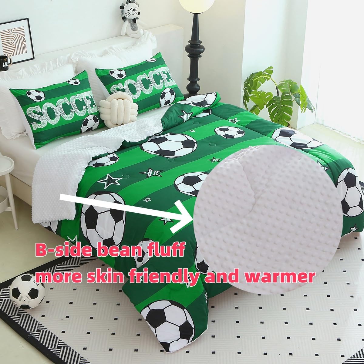 Boys Soccer 3 Piece Comforter Set with 2 Pillowcases Twin Size Bed 3D Football Playground Sports Bedding Set for Kids Microfiber Comforter All Season Green - Image 3