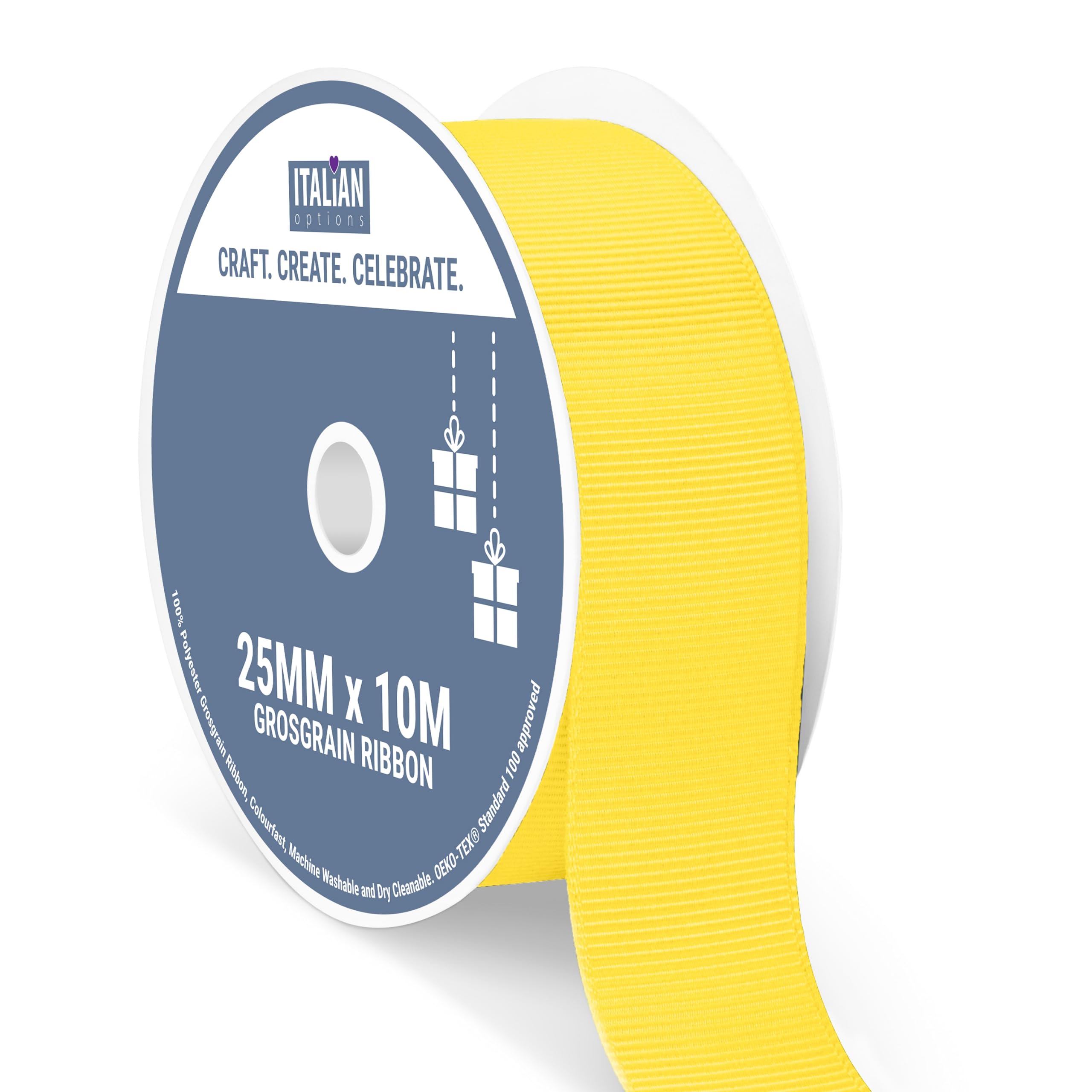 Italian Options Grosgrain Ribbon 25mm, Strong Plain Yellow Ribbon for Bows, Wedding, Crafting, Sewing, Hair Accessories, Gift Wrap, 25 mm x 10 Metre Roll, Yellow