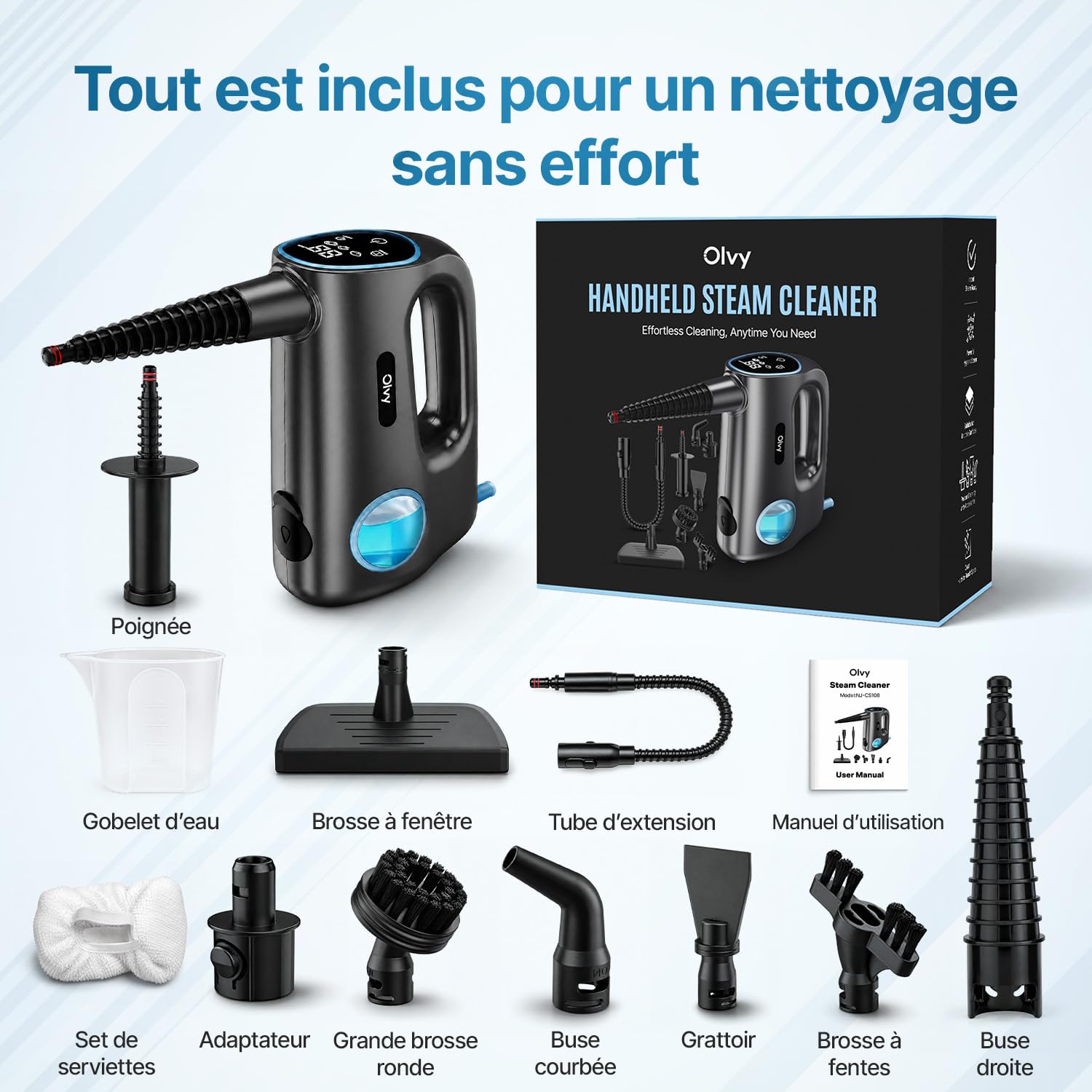 Olvy Nettoyeur Vapeur à Main 1200W Haute Pression Portable avec 3 Niveaux de Vapeur et Kit 10 Accessoires, Réservoir 400ml, pour Maison Carrelage Canapé Cuisine et Bain
