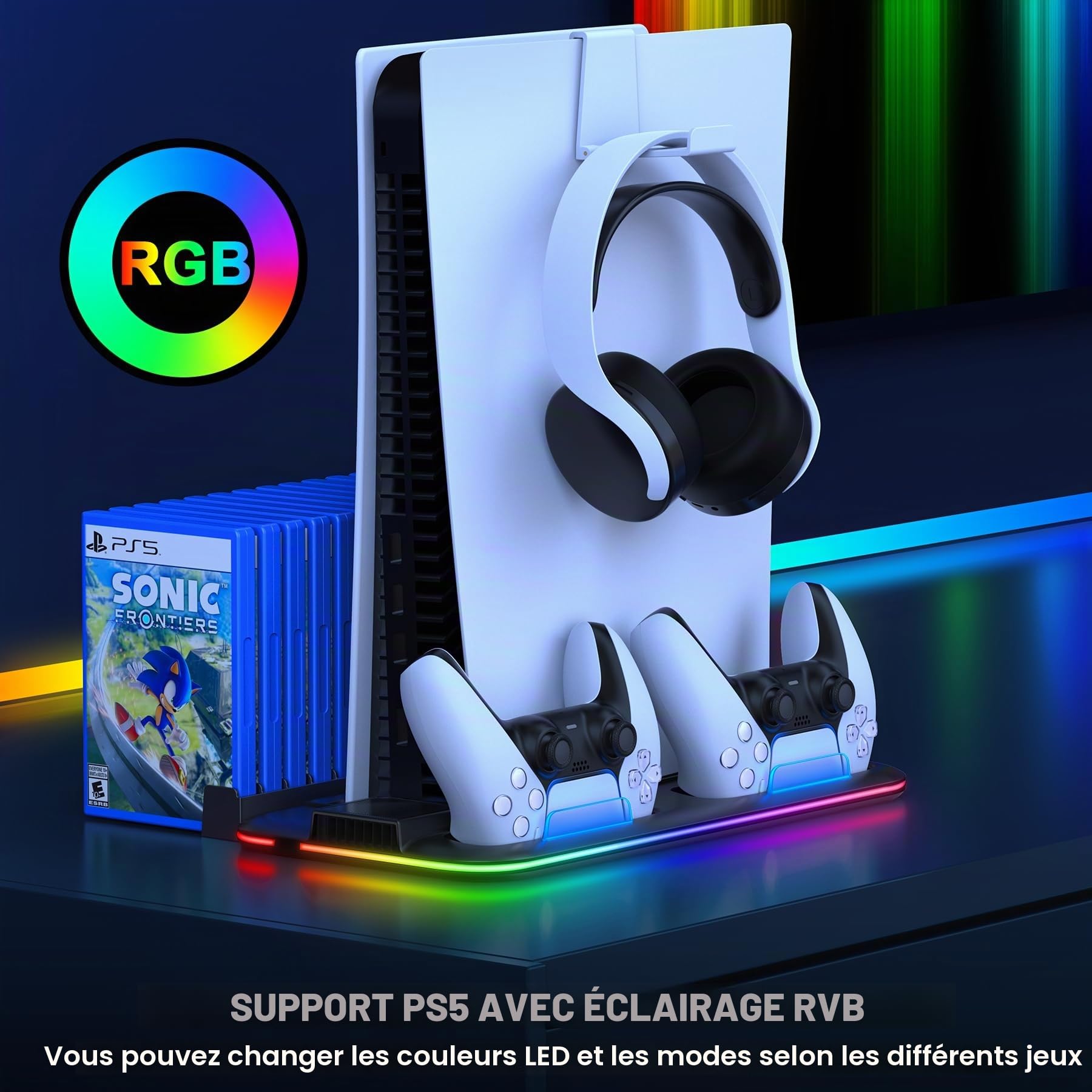 HELLCOOL Socle PS5 avec Ventilateur de Refroidissement, Lumières RVB, Chargeur Double Manette, Porte-Casque, 15 Emplacements de Jeu - Support Vertical pour PS5 Disc/Digital Edition/Slim