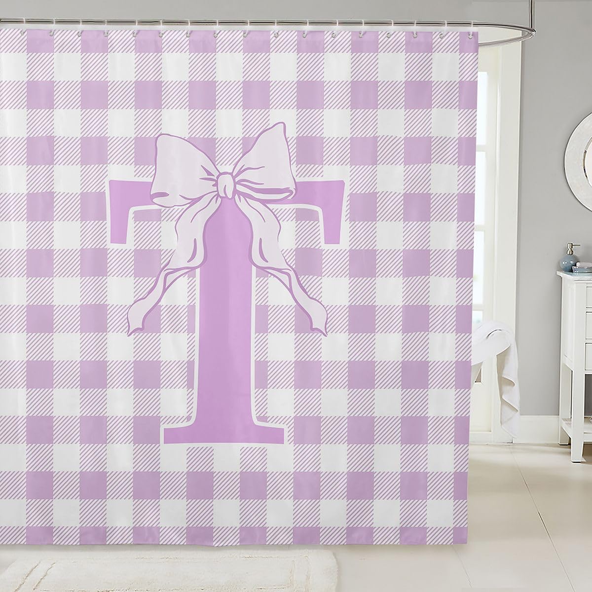 Feelyou Purple Bowknot Shower Curtain for Bathroom Decor Personalized Letter H Bath Curtain for Stalls Bathtubs Plaid Checkered Bathroom Accessories Waterproof Fabric with 12 Hooks 72"x72" image 5