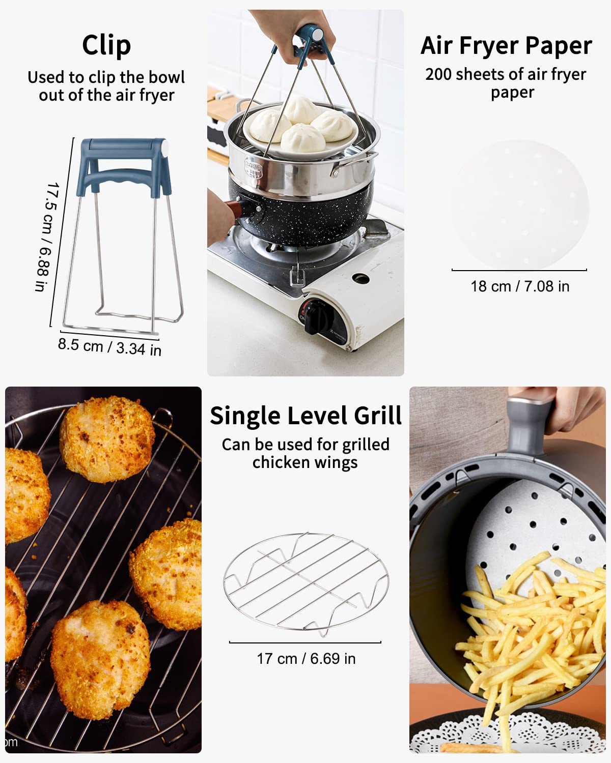 Accessori Friggitrice ad aria,Set da 7", 16 pezzi, 200 fogli di carta per friggitrice ad aria, Adatto per friggitrici ad aria di diametro superiore a 18 cm (7 pollici)
