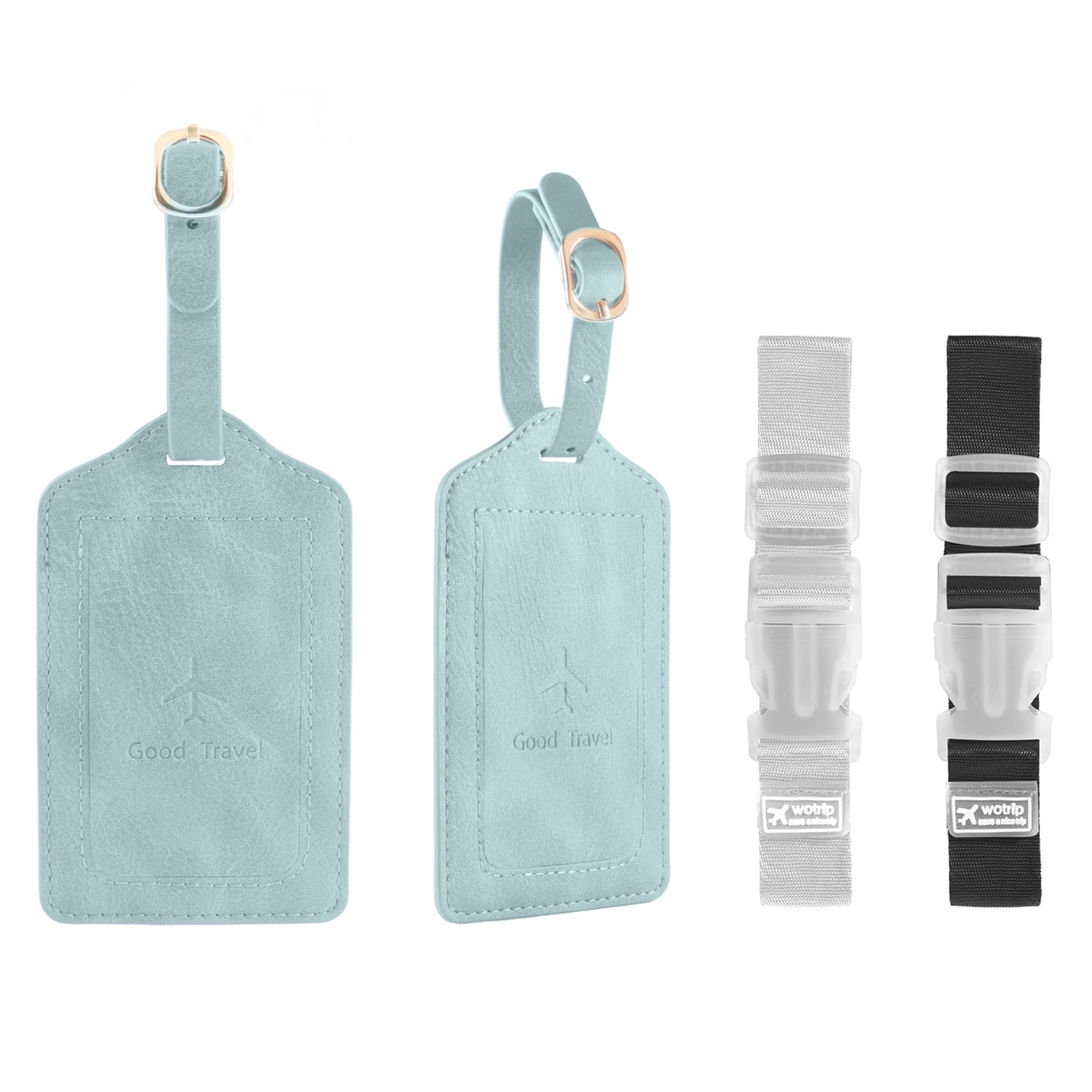 Photo 1 of 1 Pack Luggage Tag, PU Leather Suitcase Tags Identifiers Privacy Cover ID Label for Travel Bag Suitcase with 2 Pack Luggage Straps for Hats, Bags and Travel Accessories(L-Light Blue)