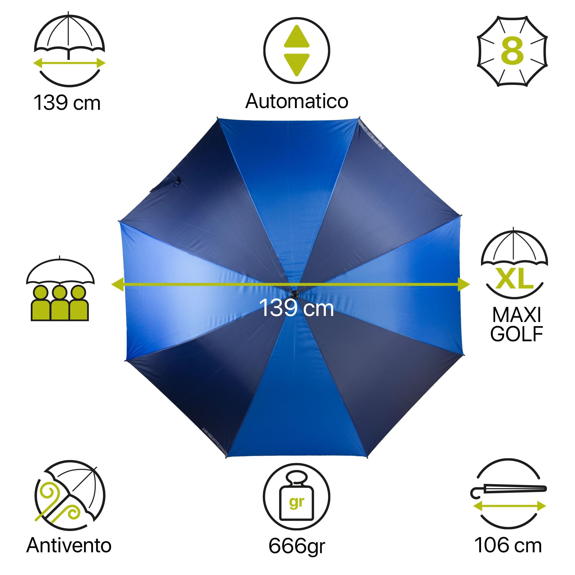 Jumbo Ombrello Lungo Automatico Maxi Golf, Antivento con Stecche in Fiberglass, Impugnatura in Neoprene, Diametro Extra Large 139 cm, Struttura Resistente per Pioggia e Vento