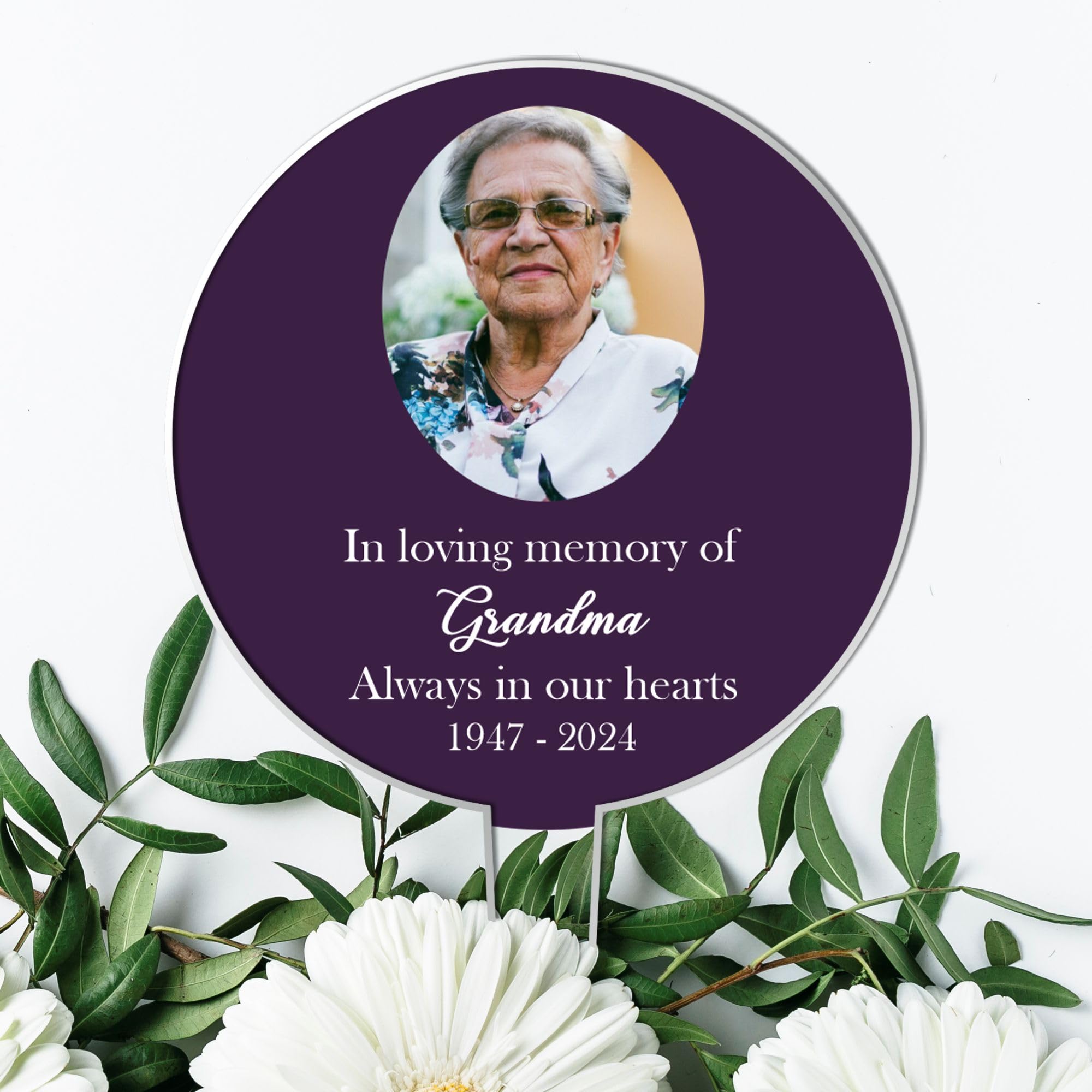In Loving Memory" Customisable Black Acrylic Grave Sign with Photo - Personalised Memorial Tribute for Grandad, Dad, Mum, or Nanny (Purple)