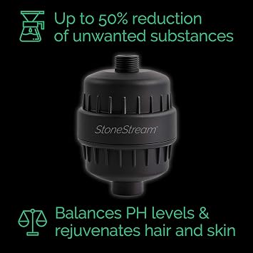 Original StoneStream EcoPower Shower Head System Spa Like Ionic Filter to Soften Water, Increase Pressure & Save Water Showerhead + Hard Water Filtration + Wall Adapter Kit Matte Black