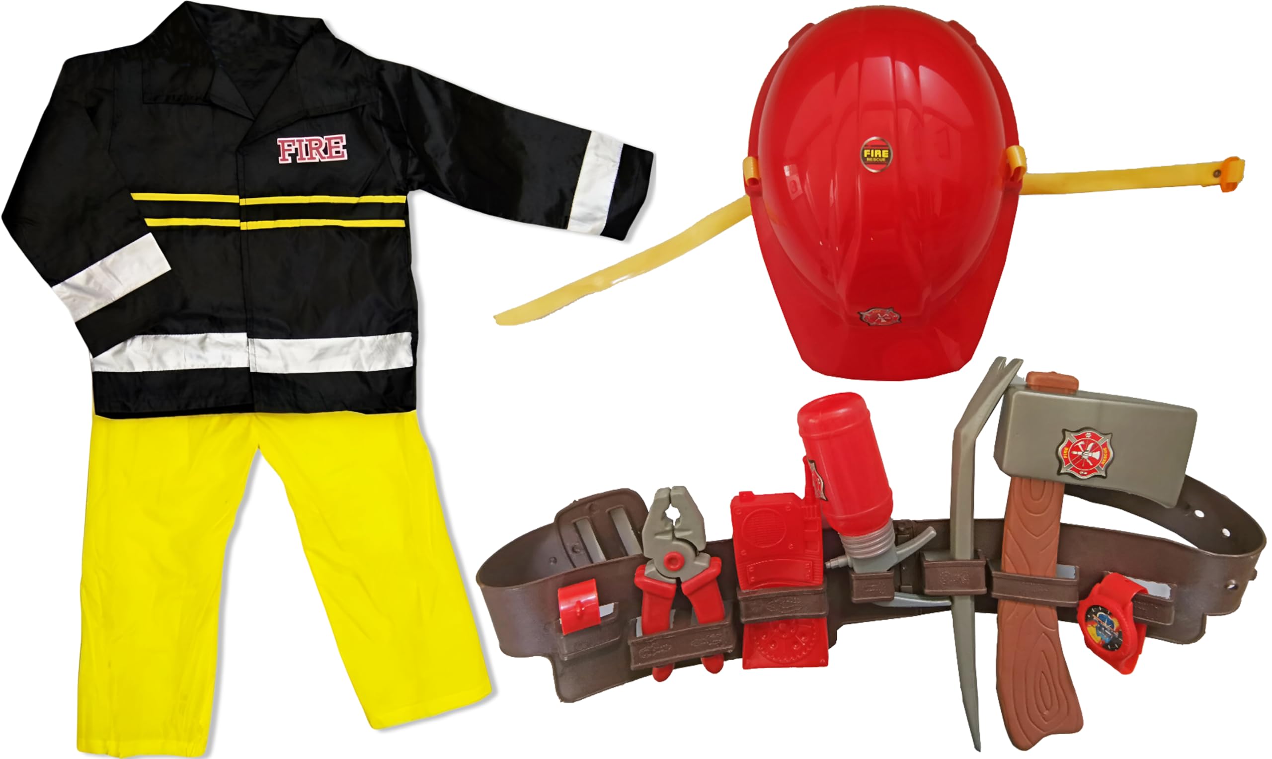 Quickdraw Kids Fireman Costume with Belt Tools & Hat Complete Fire Fighter Roleplay Pretend Dress Up Playset for Ages 3-7 Years
