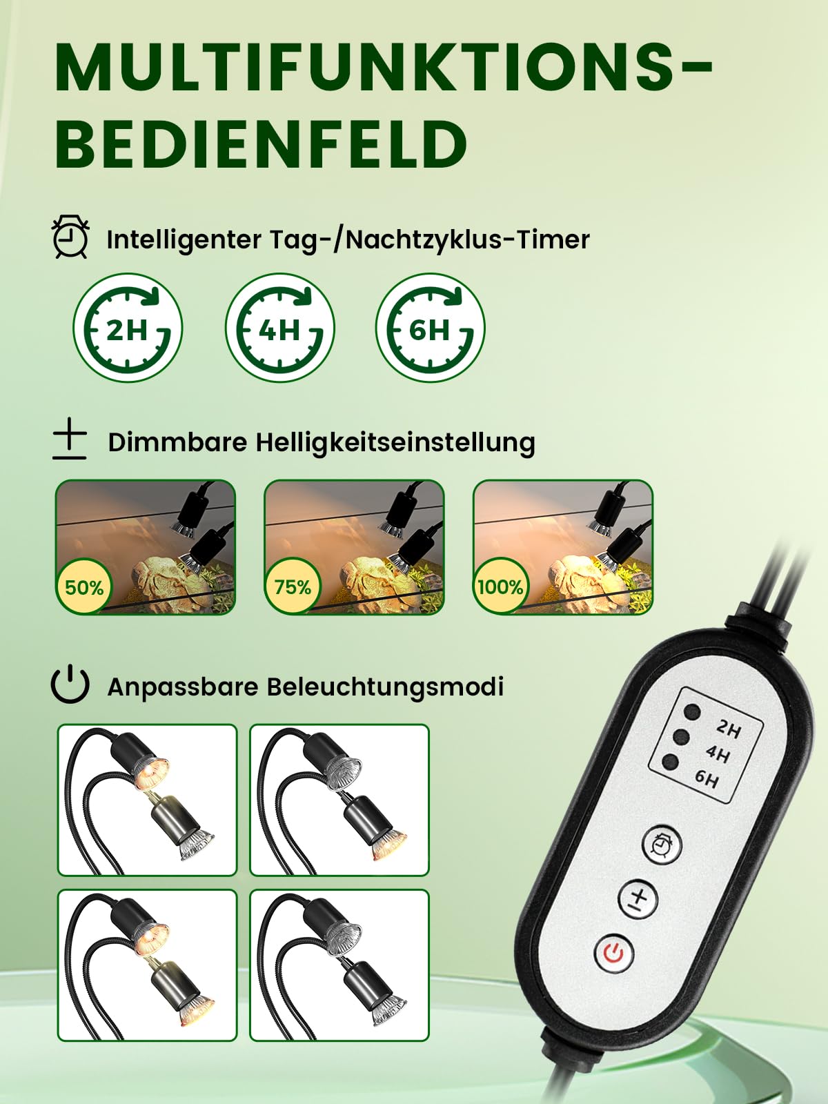 GlowUp Wärmelampe Schildkröten mit Zyklustimer, Doppelkopf Wärmelampe Terrarium mit 2* E27 Basking Spot Glühbirnen, 360° drehbare E27 Terrarium Warmelamp für Schildkröte, Eidechse, Spinne, chlange