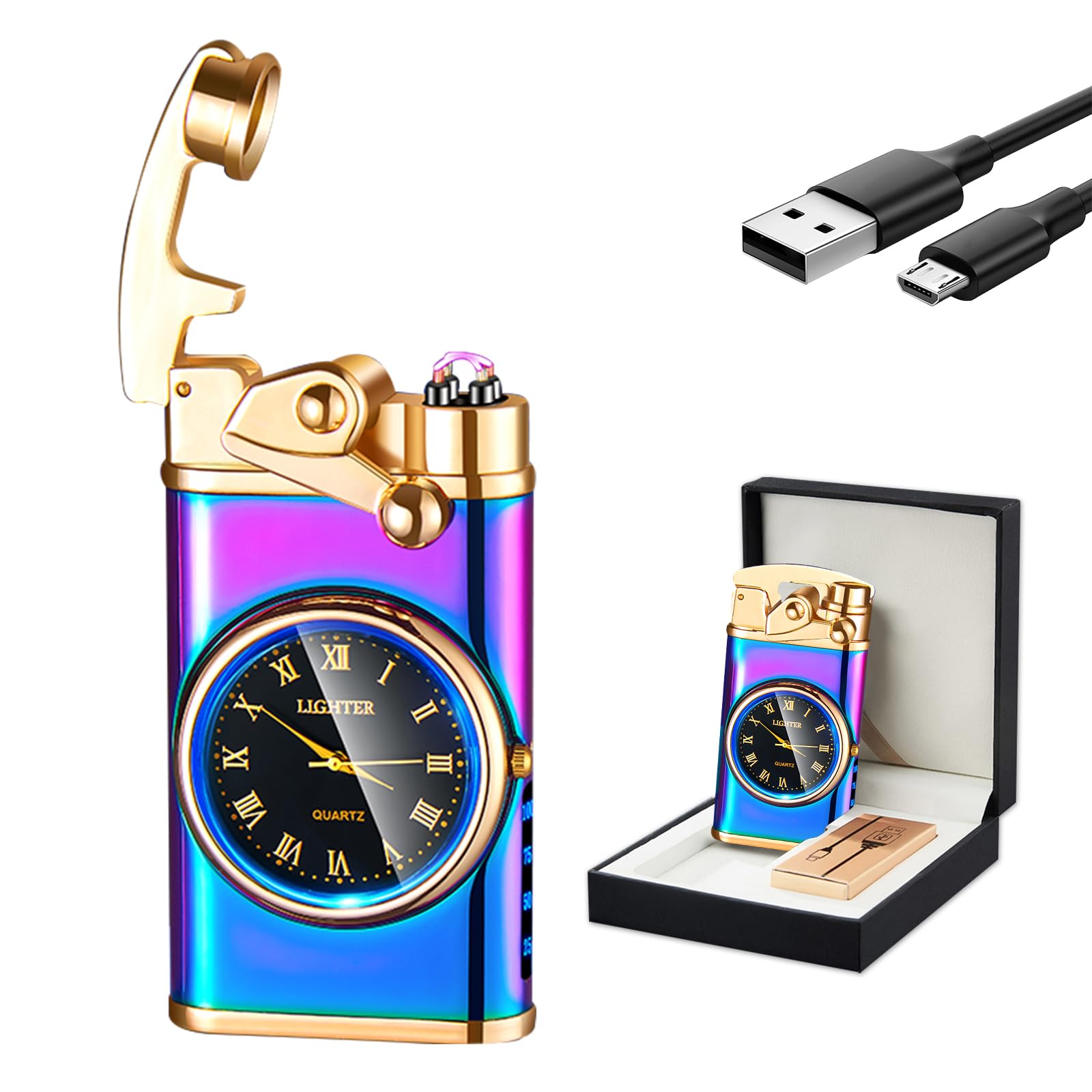 GADATOP Electric Lighter Rechargeable USB Lighter Flameless Windproof Lighter Personalized Creative Rocker Double Arc Plasma Lighter with Luminous Dial LED for Men and Women Gifts (Color Ice)