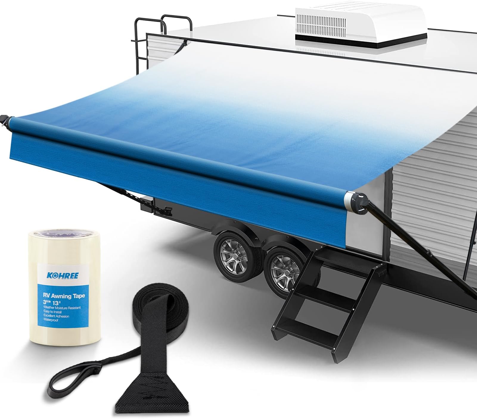 Kohree 18' Rv Awning Fabric Replacement, Camper Trailer Awning Replacement 19oz Weatherproof Heavy Duty Anti-Fading with Pull Strap, Outdoor Canopy for Motorhome, Blue Fade, (Fabric 17'2")