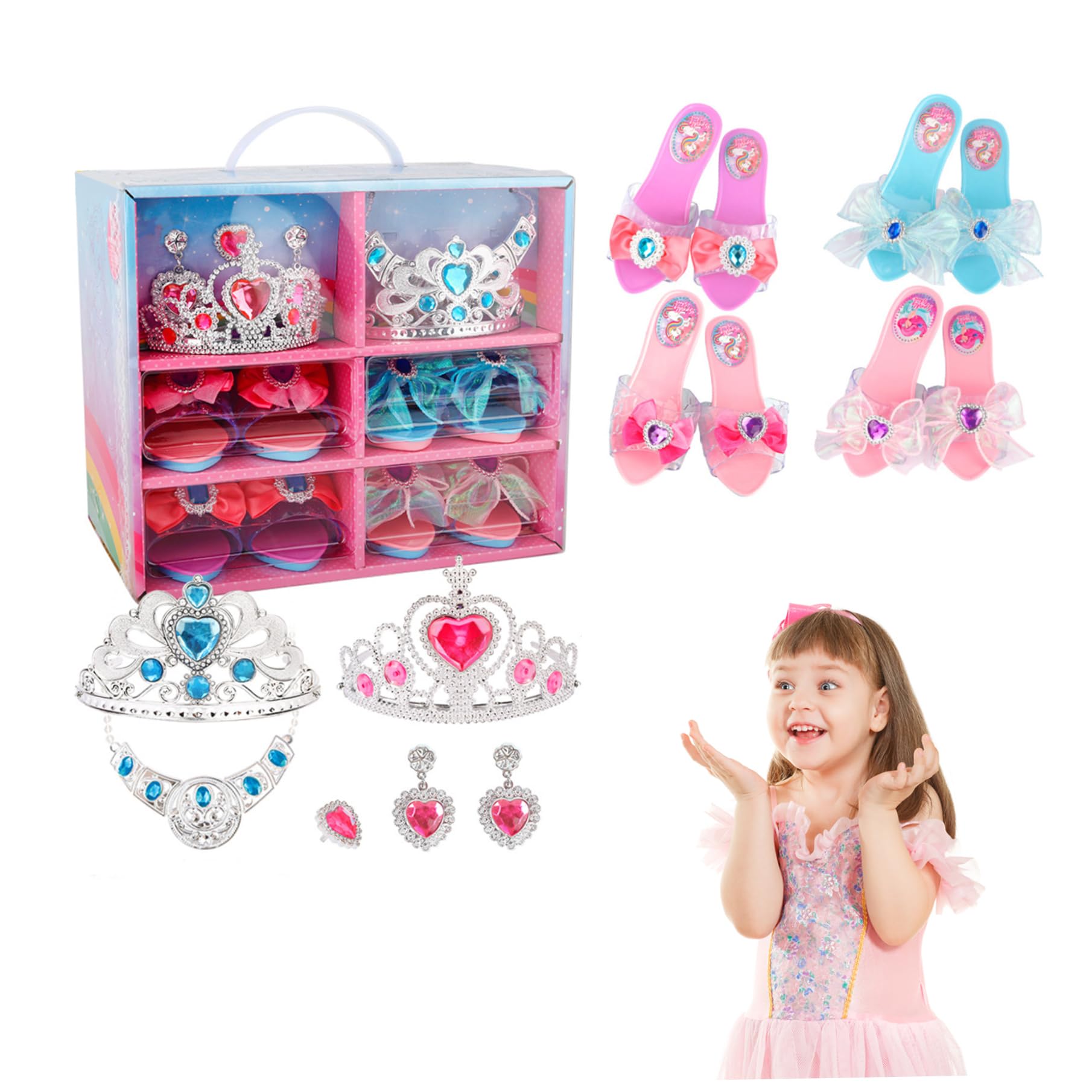 Princesa Dress Dress Shoes 6 cuadrículas para niñas niños pequeños con 4 Pares de Zapatos de Juego y Juguetes de joyería, glamorosos Elegantes Regalos de niña de 3 años para niños pequeños
