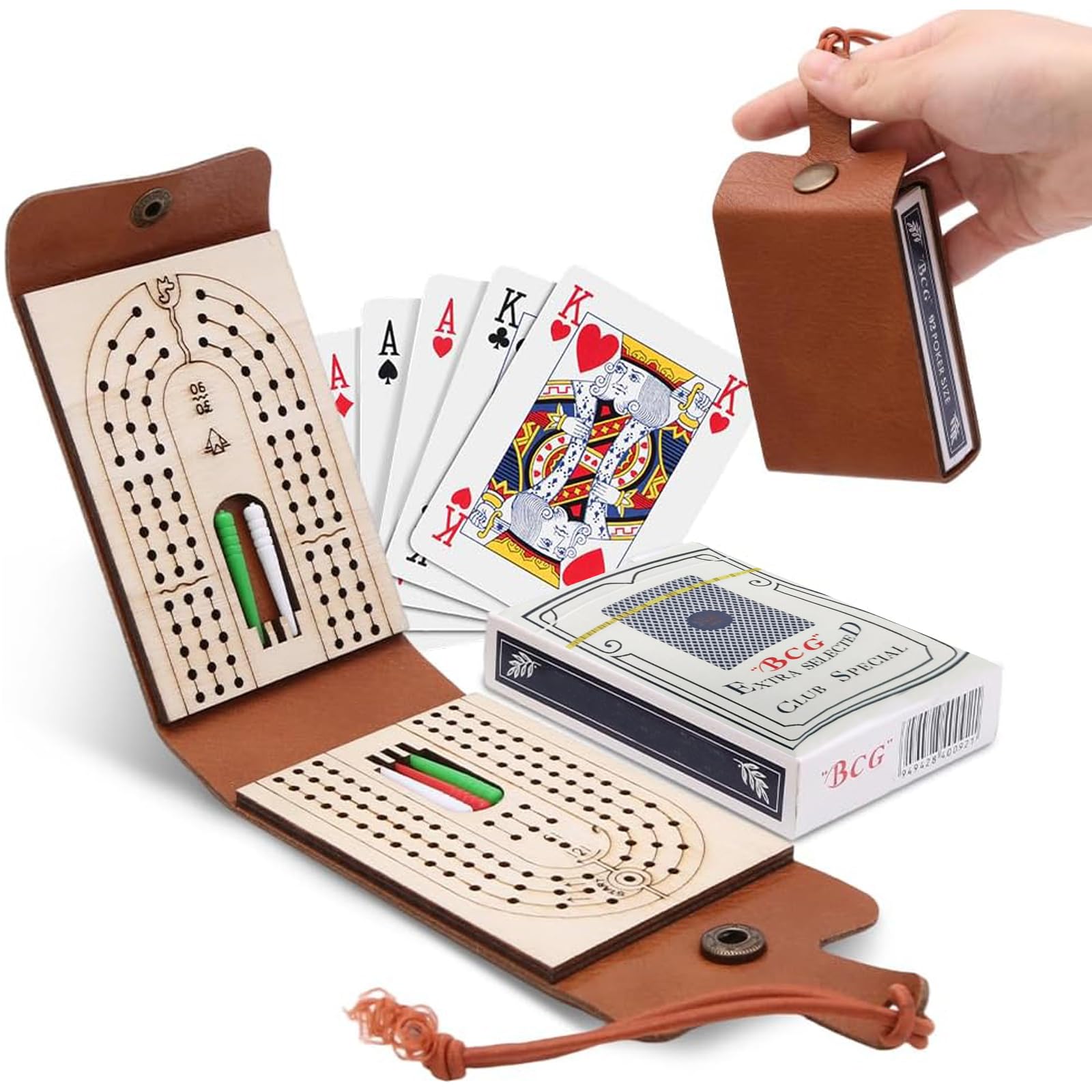 YFHUVB Cribbage Board With Pegs, Travel Cribbage Board with Full Deck of Cards and 6 Pegs, Complete Cribbage Board Game Set for Family Game Nights, Road Trips and Picnic Outings