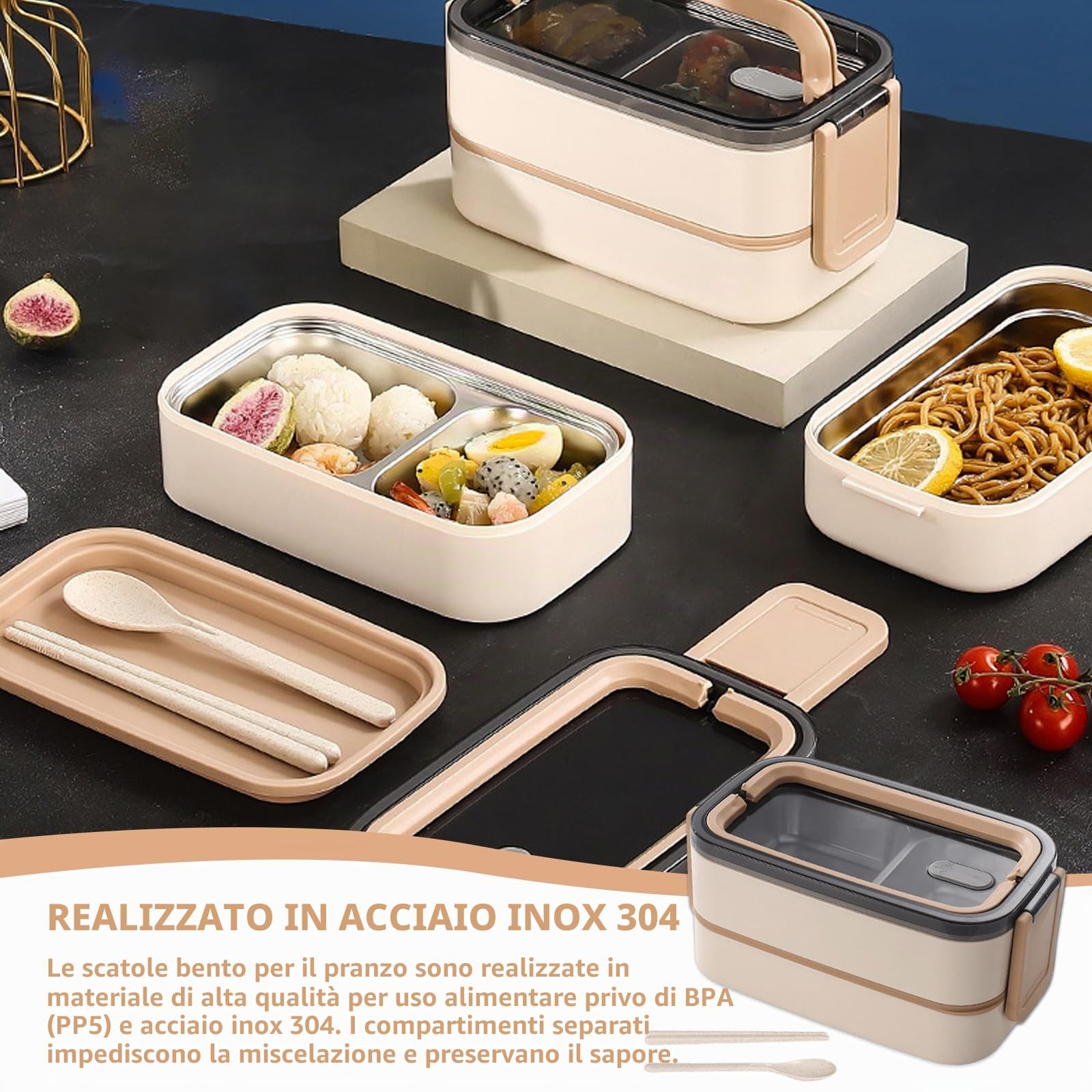 Contenitore per il pranzo, 1400 ml, con 2 ripiani, grande volume, a prova di perdite, in acciaio inox, ermetico, con set di posate, senza BPA, adatto al microonde