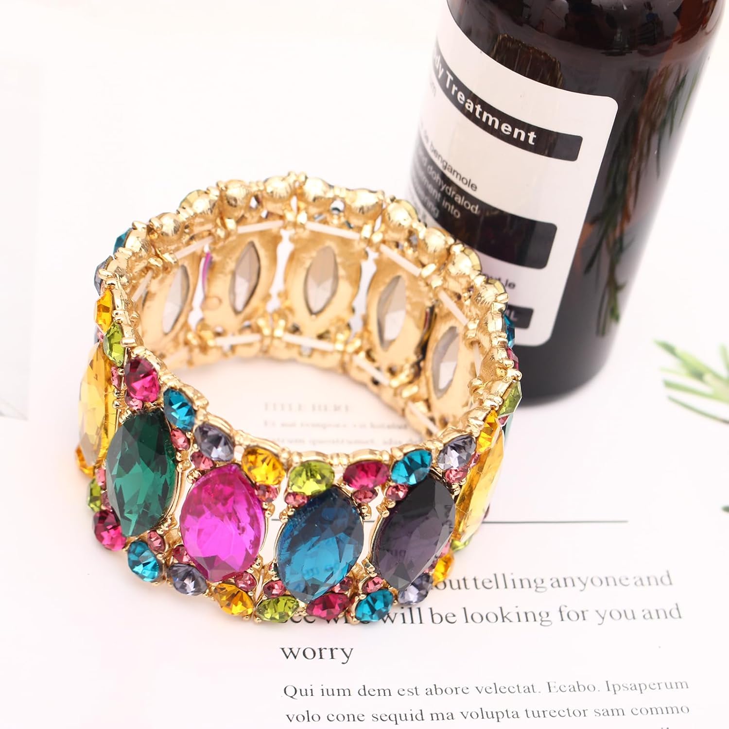 Women’s Elegant Wedding Bridal Crystal Double Row Marquise-Shape Leaf Stretch Bangle Bracelet Bride Jewelry for Women - Image 7