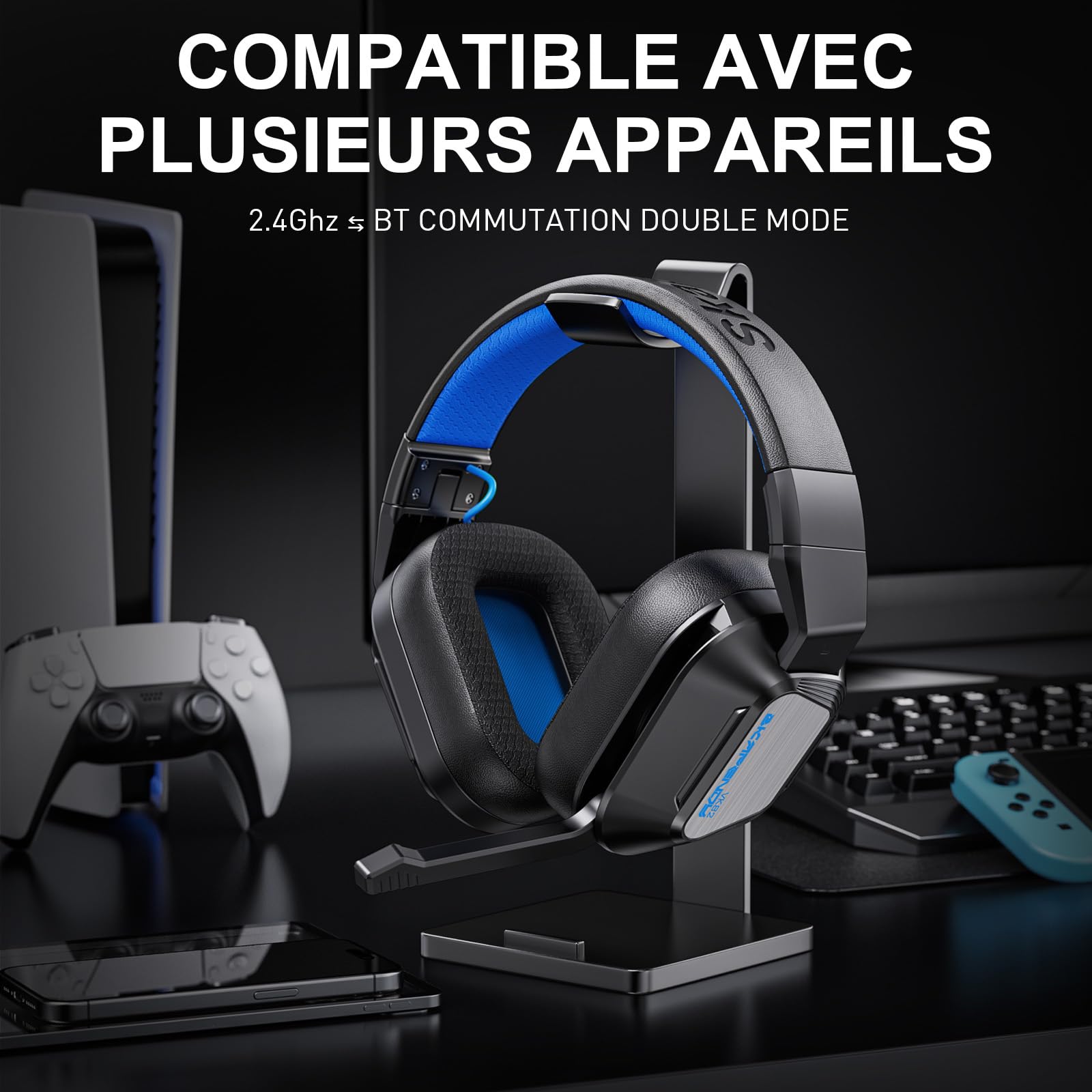 VK82 Casque Gaming sans Fil avec Microphone, 2.4GHz Casque Bluetooth Annulant Le Aruit pour Ps4, Ps5, PC, Switch, Mac, Casque de Jeu Pliable avec Éclairage RGB, Batterie de 50h -Noir Bleu
