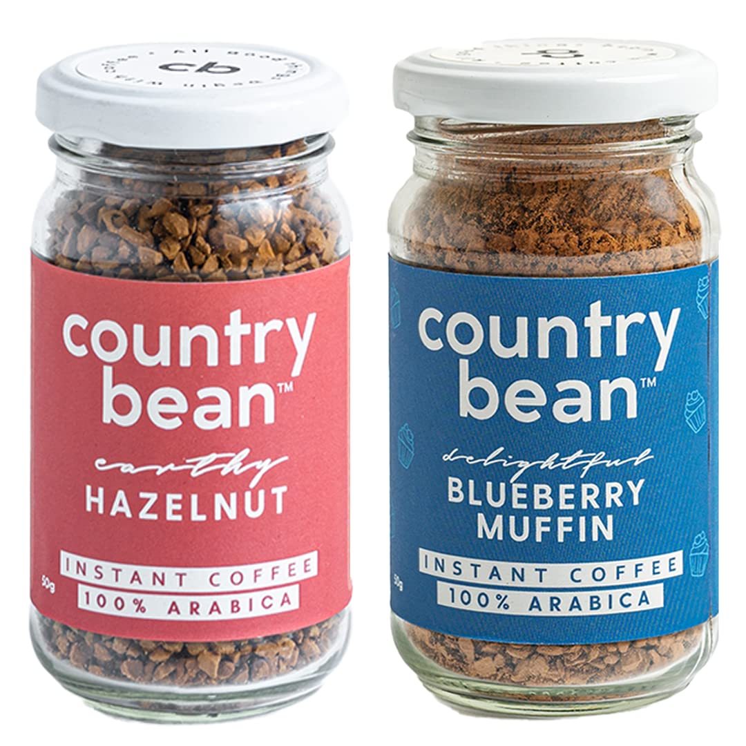 Country Bean Instant Coffee Powder Combo with Hazelnut and Blueberry Muffin Flavoured Coffees, Pack of 2, 50 G x 2 | 100% Arabica, Freeze-dried | Makes 50 Cups